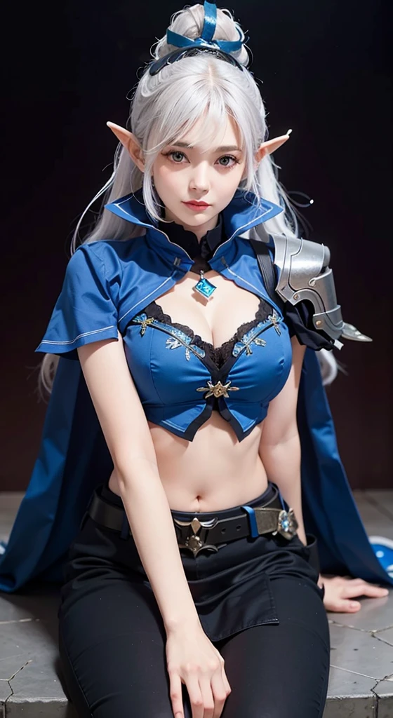 8K, Top Quality, Intricate Details, Ultra Detail, Ultra High Resolution, Masterpiece, random angle, Slender, Smile, (Makeup: 0.4), (Fluffy Blue Eyes: 1.21), blue Eyes, looking at viewer, ((full body)), 1girl, solo, 1 girl, (( full body)), close up shot, , ((tall)), (((fit body))), (((slim face))), sharp face, sharp eyes, (((light blue hair, bangs, long hair)) , (detailed face), sharp face, small lips,
(( )), ((cape)), detailed face, detailed breast, , large breast, detail ass, , Beautiful girl with accentuated slender abs: 1.4, Six Pack Abs: 1.4, Bust Botox, Big, Perfect Body, detail leg, (( dark background)), black background, (((see the whole body)))