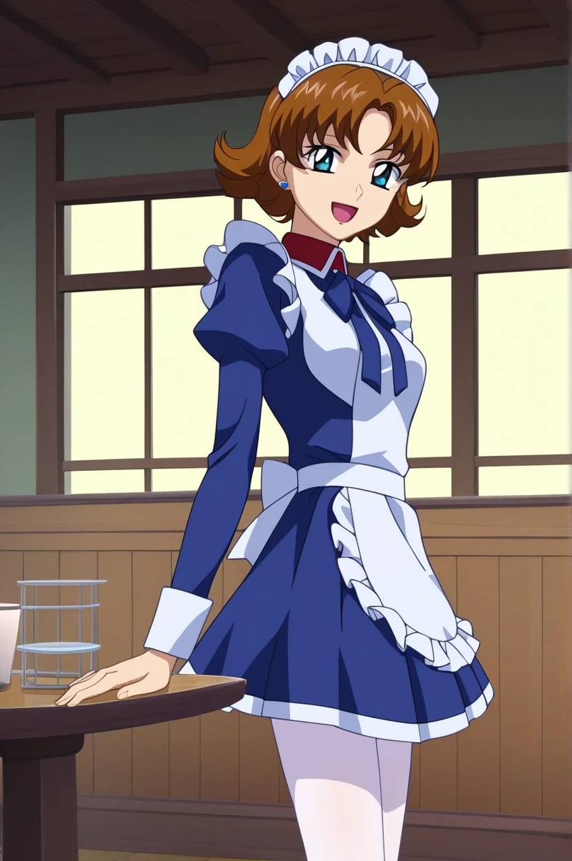 傑作、best quality、best image quality、best resolution、amazing quality、source anime、anime screencap、highres、absurdres、very aesthetic、ultra detailed、perfect details、1girl、<lora:Miriallia_Haw_Gundam_SEED_Pony:0.8>、miriallia、solo、brown hair、short hair、blue eyes、flipped hair、medium breasts、medium boobs、indoors、cafe、day、maid headdress、maid、blue neck ribbon、blue maid dress、white pantyhose、loafers、long sleeves、(aged up:1.2)、(cowboy shot)、looking at viewer、female focus、(pose:1.2)、smile、