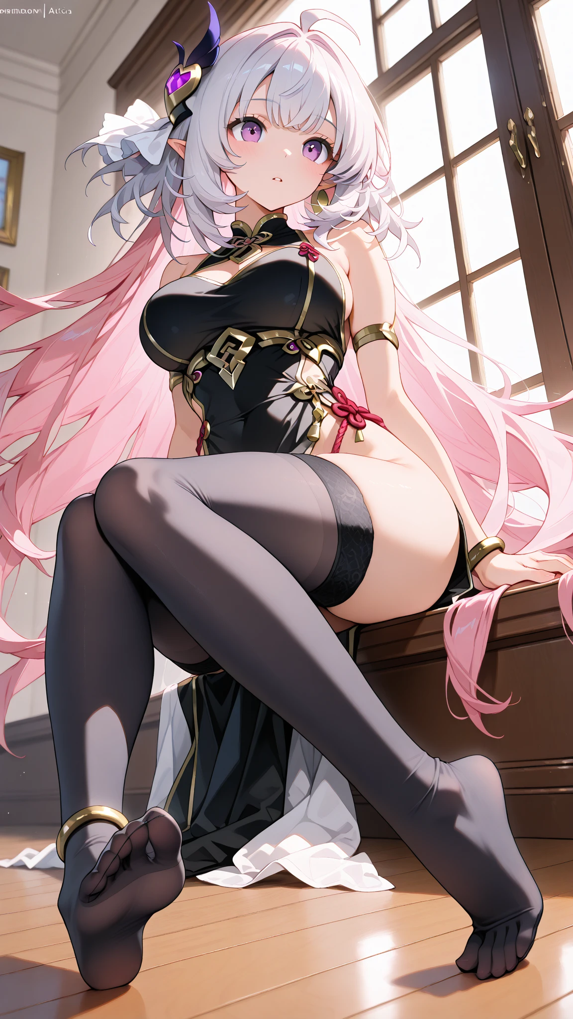 (Top quality, 8K quality, 32K, Masterpiece, NSFW, hyper HD: 1.2))), Extreme rendering,Cute woman pictures,, Delicate and Smooth Skin, Realistic skin, Perfect and Beautiful Face,, Best quality, high resolution,one-girl,Lovely face,right structure,Correct perspective,Fingers are clear,Pink maiden bedroom,sitting on a stool,Next to it is a table,