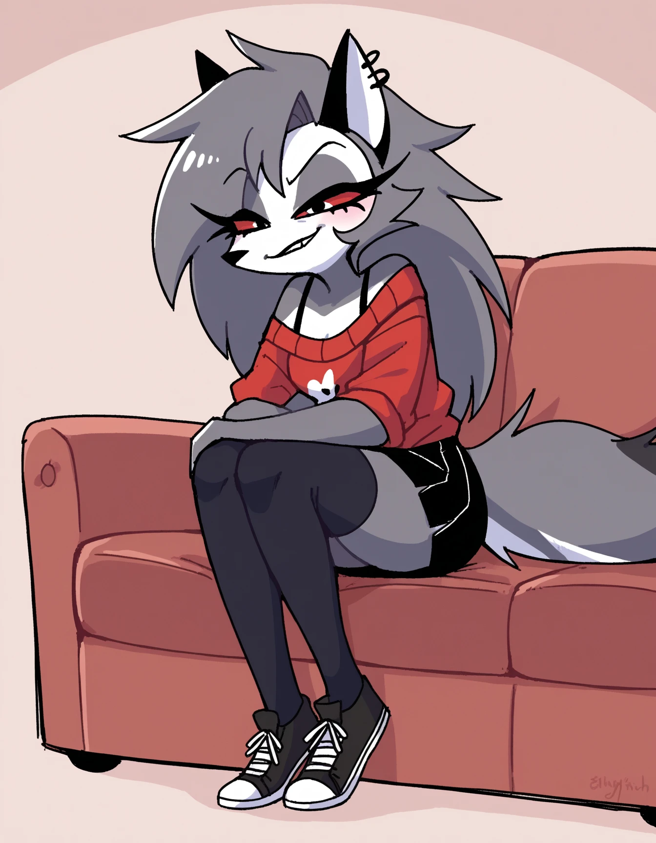 score_9,score_8_up,score_7_up, source_furry, ((roxanne wolf from fnaf)), white hair with green highlight, yellow eyes, grey wolf, cute feet paws, 4 toes, wearing an oversized red t shirt, black panties, one exposed shoulder, indoors in a living room, sexy pose, thick thighs, lounging on a couch, bored expression, one eyebrow raised,