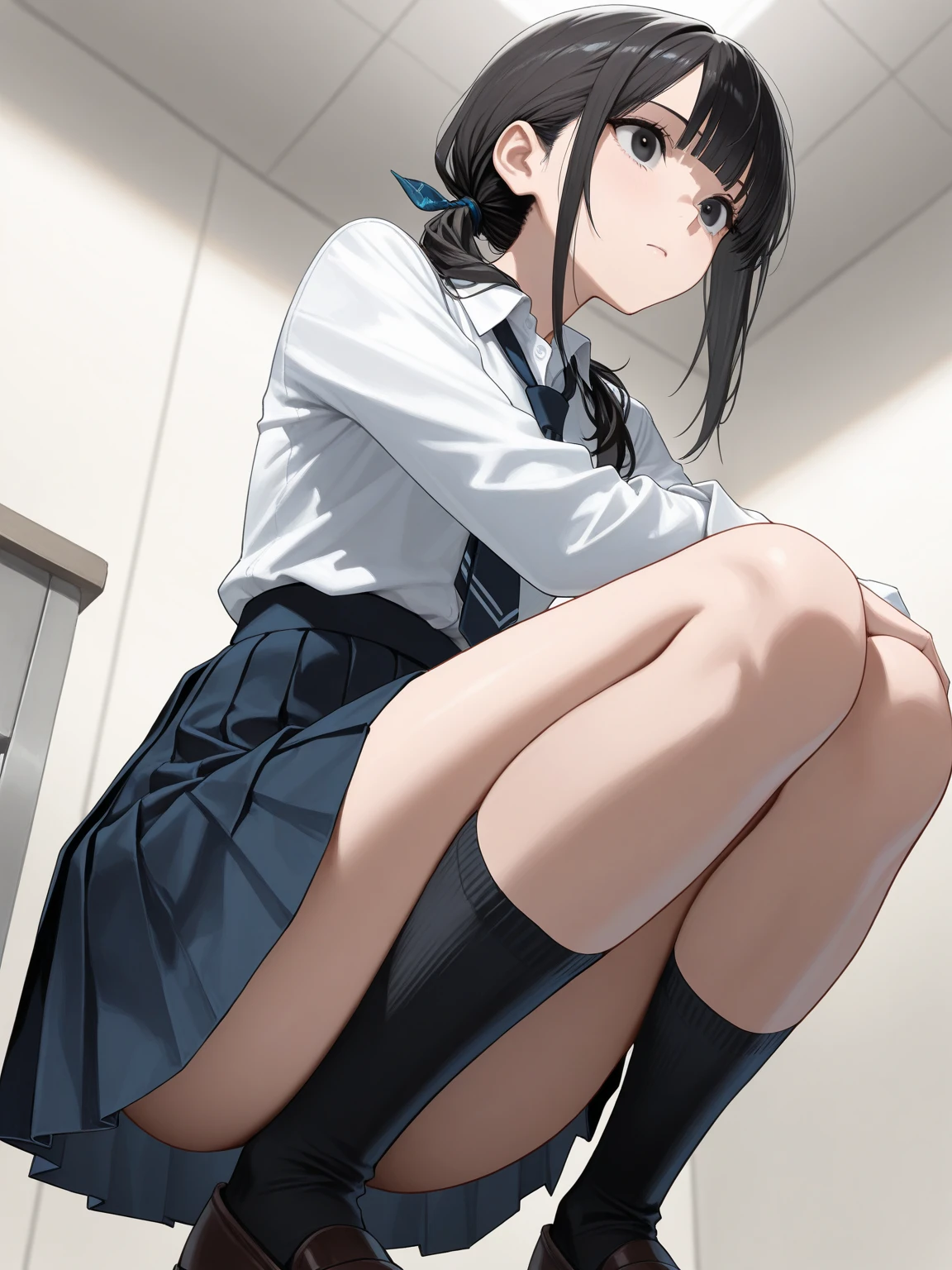 Top quality, masterpiece, High resolution, (Head to toe full body), front, frontやや下からの構図, Symmetric, Tall 18 year old girl, alone, (Head to toe), (Small breasts), Unkempt brown hair, bangs, (black tights), (Black Pantyhose), (Sit with your legs apart), (Crouching pose), (A composition showing white panties), (Her legs were spread、I see your white pants.), (I was made to sit on the floor with my legs spread..), (M-shaped legs), Thin legs, A very beautiful and tall 18 year old girl, (No shoes), blush, Shy big eyes, looking at the camera, Blazer Uniform, Checkered Pleated Skirt、Furukawa Yui