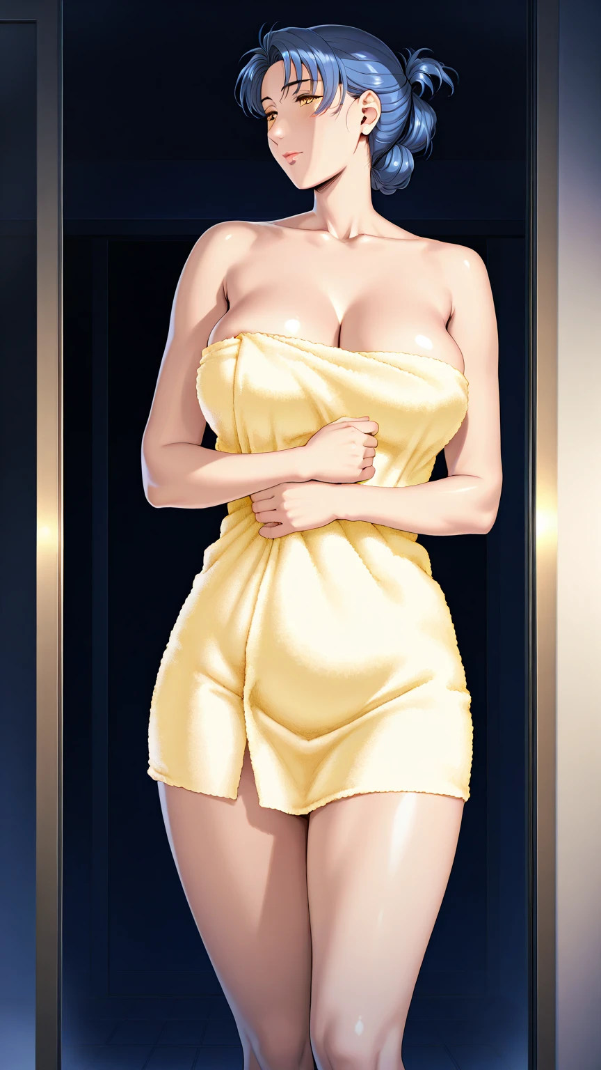 short black hair, with slightly messy bangs. penetrating brown eyes.  Thin and marked build.  She wears a yellow elegant dress and black shoes.Full body image. Booty, busty. Marvel style, comic style