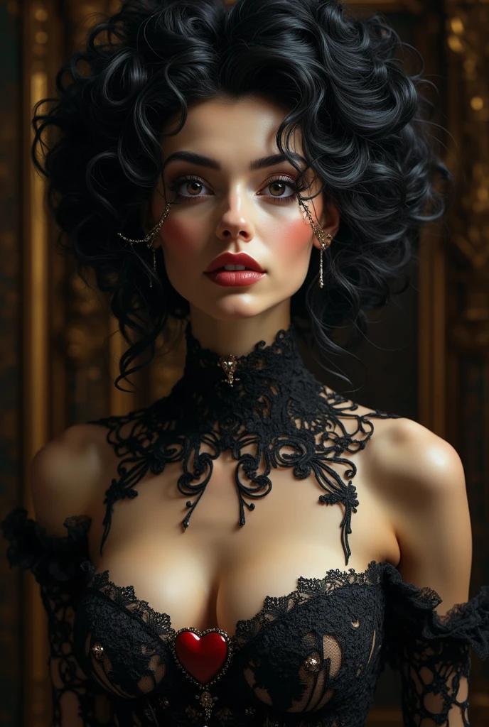 masterpiece, vampire woman, mature 45 years old, red pupils, gothic, with small afro curls, zigzag-shaped curls that are marked from the roots to the tips, waist length, dark purple color, sexy plunging black leather gothic dress with high detail, crimson corset with lace, intricately detailed background, gothic atmosphere, (HD, 8K Wallpaper, High resolution), prominent bust cup 38D, cinematic lighting, awarded, extremely detailed skin, Extra detailed face, high detail eyes, photorealistic, Zeiss 85 mm F/1.4, by Ellen von Unwerth