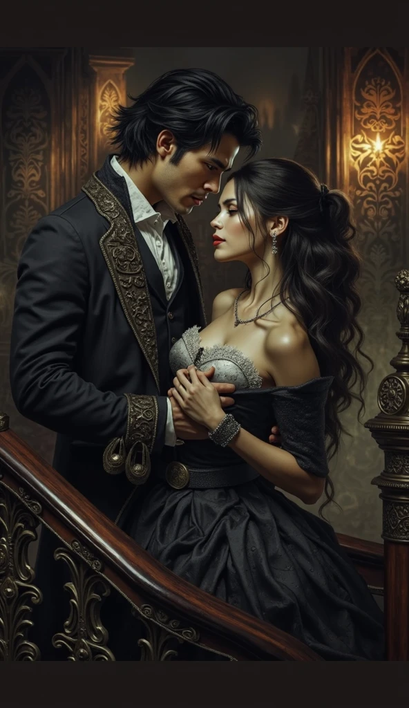 man and woman, Daniel Sisniega in black suit, near Catherine Zeta-Jones in black dress,woman with long hair, man with short hair, Victorian era, unshaven, Undercut,short brown hair combed back, 30 years old, beautiful face, arrogant look, a Catholic church in the background, black smoke swirling behind him, darkness swirling, villain, Lasombra, большая грудь у женщины.