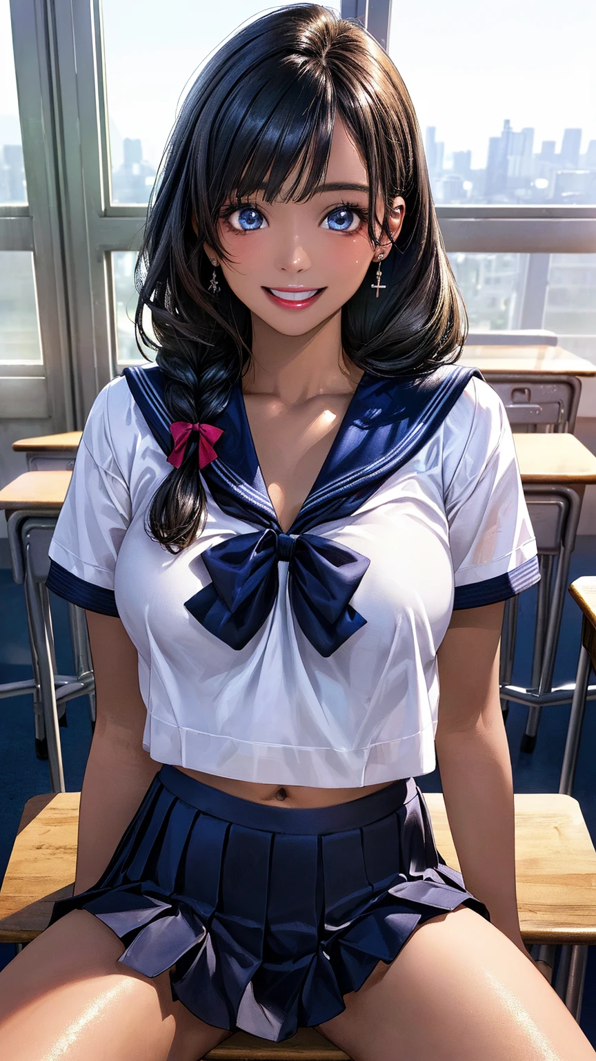 best quality, masterpiece, highly detailed,1girl, Boa Hancock,, (masterpiece:1.5), Detailed Photo, Smiling,(8K, Photorealistic, Best Quality: 1.4), (1girl), Beautiful Face, (anime realistic Face), (Black Hair, long Hair: 1.3), Beautiful Hairstyle, Realistic eyes, beautiful detail eyes, (realistic skin), beautiful skin, (sweater), absurd, attractive, ultra high resolution, ultra realistic, high definition, golden ratio, Huge breasts, Big Ass, Slim waist, Wide hips, (super tight uniform school), view from behind, back view