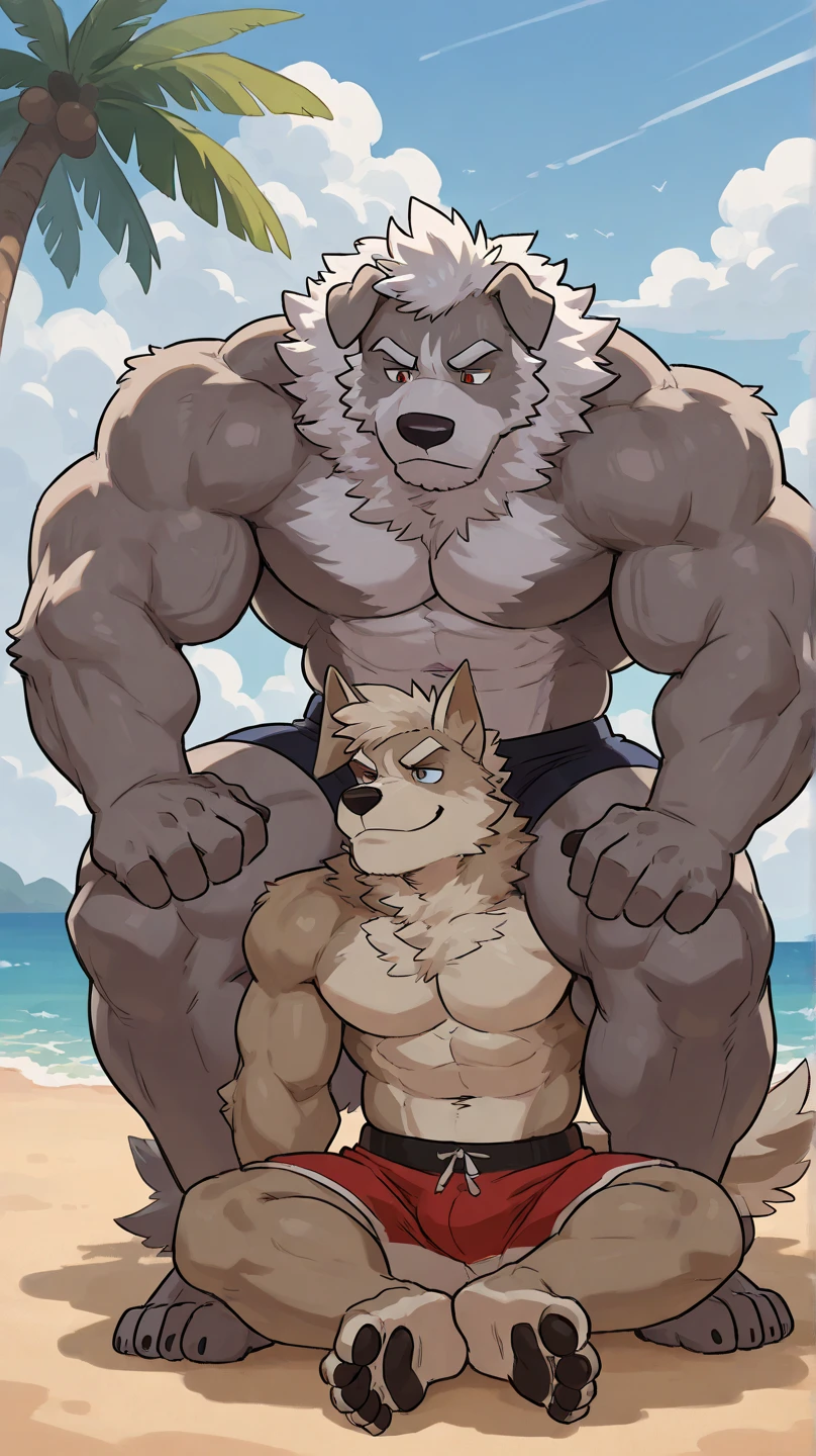 4k, high resolution, best quality, perfect colors, perfect shadows, white background, 2boy, mature male, 40s, bara, beard, thick eyebrows, furry, wolf, tail, shirtless, shorts, long hair, blushing, shy, smiling, laughing, hugging, love, gay love, yaoi, muscular, huge muscles, muscular ass, broad shoulders, navel hair, pectoral hair, hug from behind, back hug,resting chin on anothers shoulder, masterpiece, full-body shot,(best quality), good anatomy, (chubby:1)