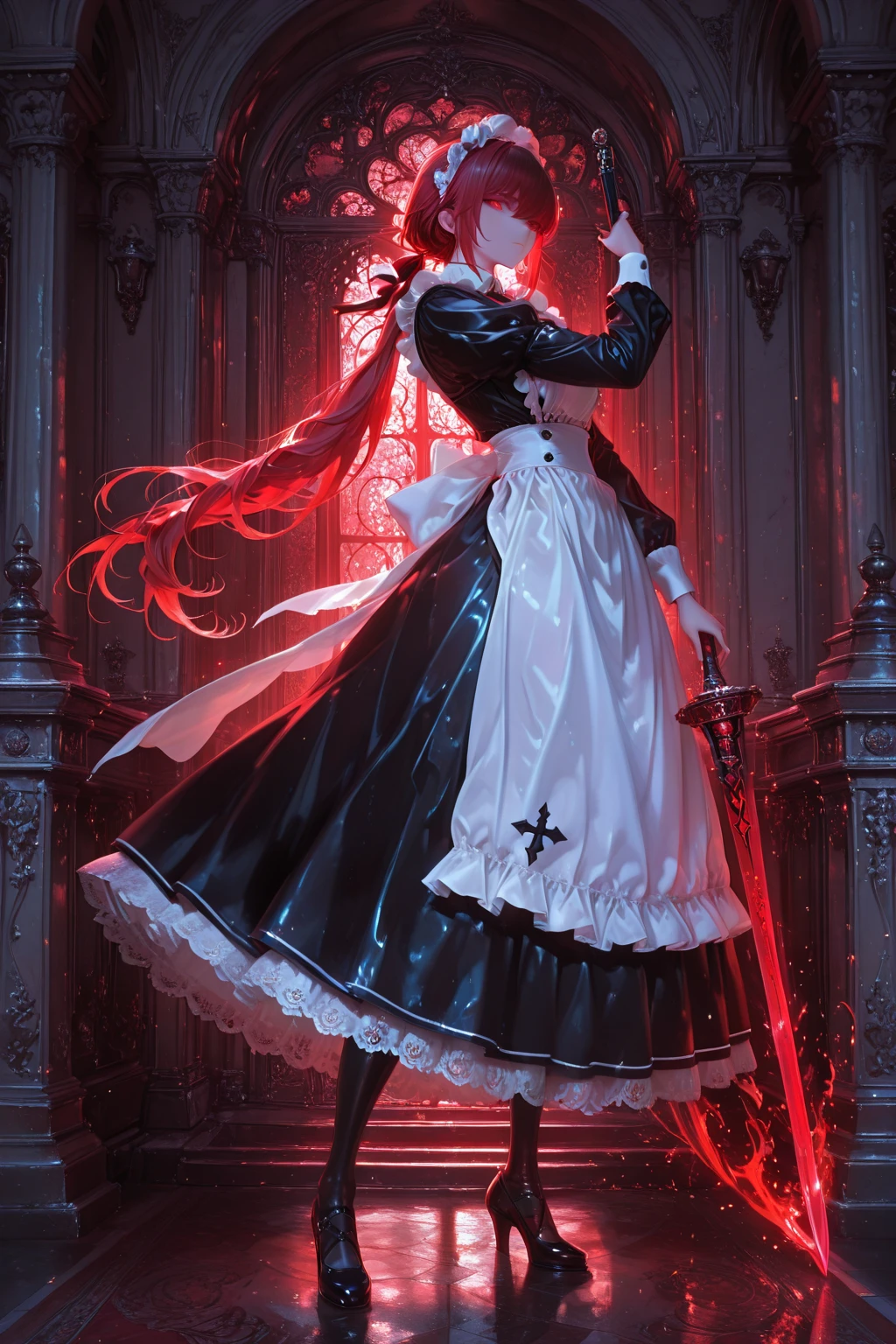 masterpiece, best quality, amazing quality, hyper-detailed, newest, very aesthetic, absurdres, highres, solo, commanding maid, elegant red hair, long low ponytail, flowing hair, intense gaze, sharp red eyes, confident posture, standing in regal pose, one arm slightly raised in subtle command, detailed lace-trimmed maid uniform, intricate maid outfit, ornate maid accessory, intricate costume design, luxurious indoor background, ornate Victorian mansion interior, elegant decor, cinematic composition, cinematic lighting, rich in colors, full body, graceful yet powerful,  bold presence, commanding style, dynamic pose, light glitters, ultra sharp, centered composition, smooth shading, soft glow, ambient soft lighting, glossy, bright, vibrant colors, perfect detailed face.