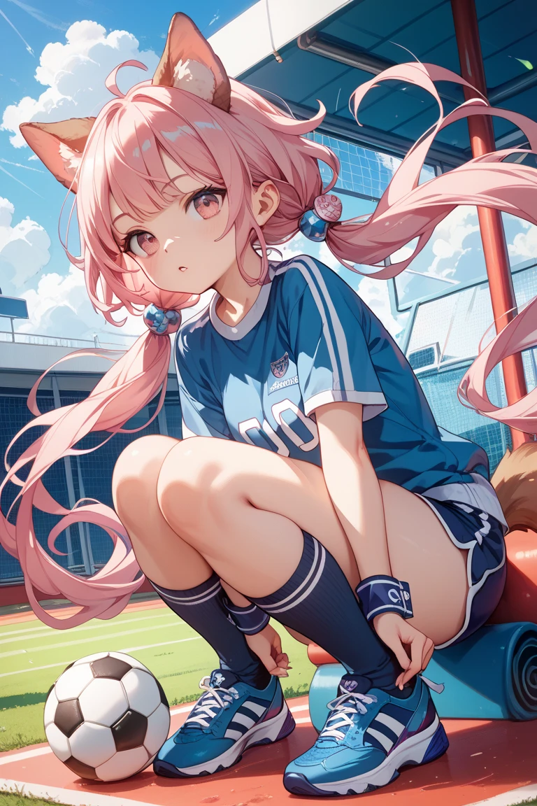 [high quality, best quality], cinematic, 1girl, solo, akazaki kokoro, cone hair bun, white shirt, buruma, white thighhighs, sneakers, sitting, hugging own knees, looking at viewer, tired, smile, blush, track field, bloom, hdr, <lora:kkr:0.72>