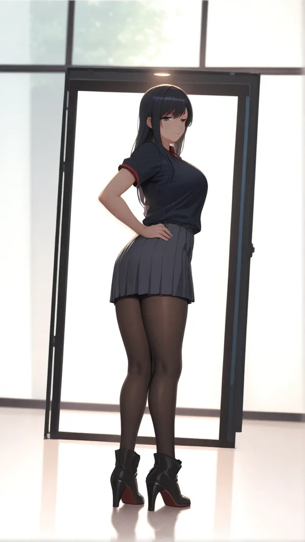 masterpiece, high resolution, beautiful woman, Korean Beauty, 30 years old, tight T-shirt, mini skirt, beautiful woman, standing and looking at me, (high resolution face), (high resolution eyes), from below angle, panty shot
