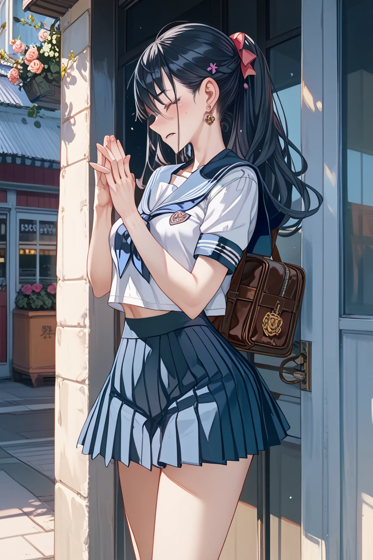(one woman)、(masterpiece)、(best quality)、(super detailed)、(high color saturation)、(CG illustration)、((full shot))、18 years old beautiful 、delicate and beautiful features、(blush)、(black haired)、(messy hair)、(anime style eyes)、((White plain clothes))、see-through clothes:1.3、((120 denier black tights))、(Translucent panties)、(dark blue pleated skirt、blue sailor collar)、(nipple)、B cup breasts、((looked back))、best lighting、simple background