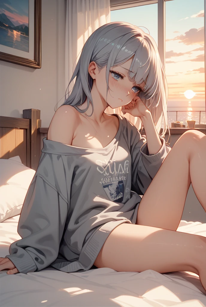 Teenage girl sitting on a couch watching the sunset from her luxurious apartment, la chica es tetona y culona tiene el pelo blanco y ojos plateados usa minifalda y blusa con escote