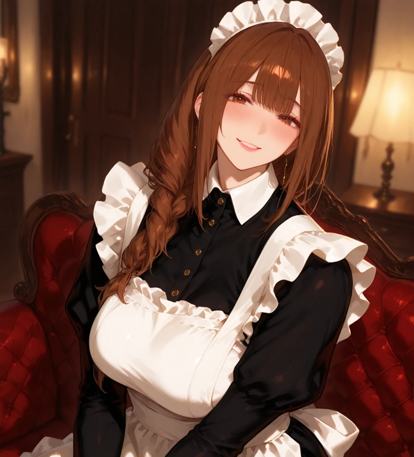 A beautiful girl wearing a brown maid outfit with lots of frills and lace　Long sleeve　Brown hair braid with hair ornament　Upper Body　Big Breasts