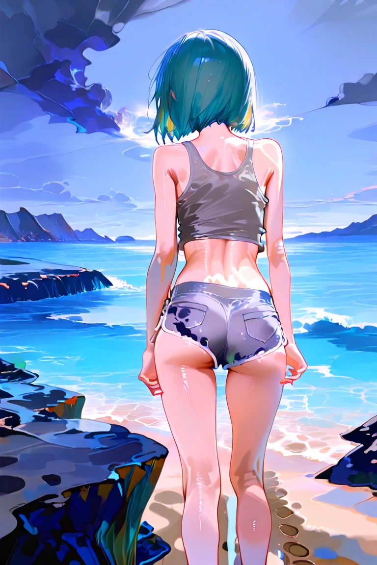 Sunnyday,sandbeach,swim wears,grin,Super detail,High quality,High details,Best quality,Best quality,Light blue hair,From behind,From above,the sea