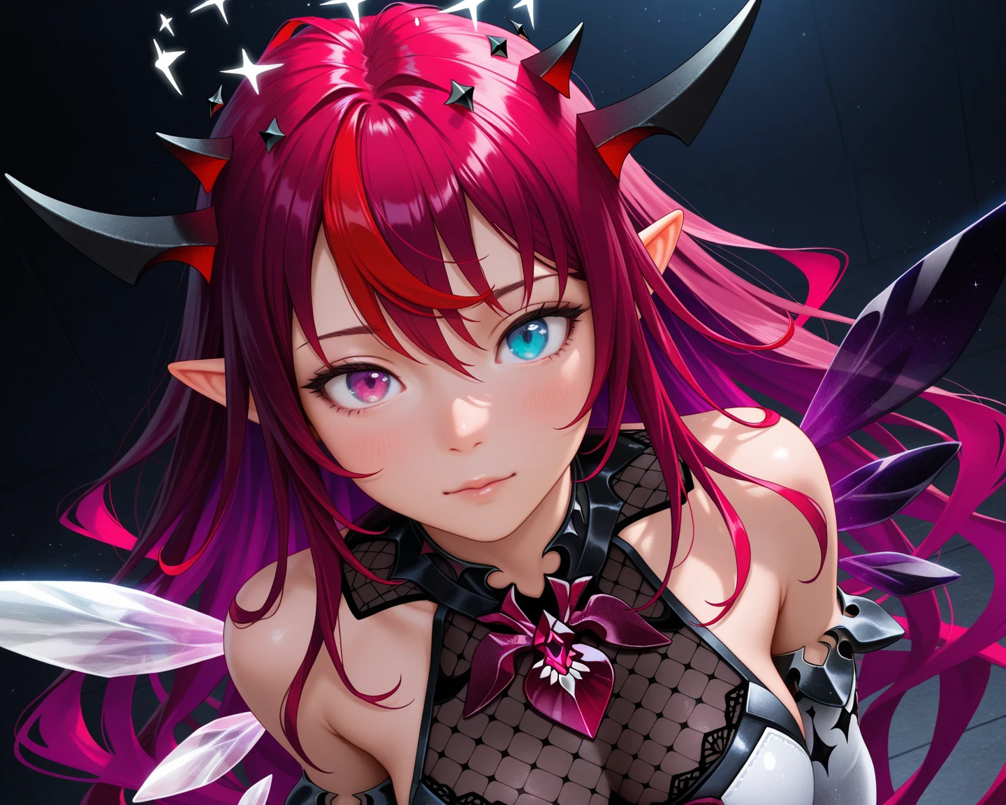 A pink-haired。Twin-tailed。a miniskirt。耳Nipple Ring。demonic wings。barechested。Fallen Angel。Yami Ochi。Evil Sickness。Diabolical。youngest son。Witches。Luminous Eyes。kosmos。Heart-shaped chest。Kama of the Grim Reaper。large Scythe。Heart logo。huge smile。Large Kama Weapon。Flame element。Flame Magic。Flame Weapon。(Award-winning digital works:1.3)(Sketched:1.3)、(Energetic:1.3)、cgsociety、art stations、(chroma:1.3)、(close portrait:1.3)、(femele:1.4)、(Beautiful fece:1.4)、(carismatic:1.3)、Elaborate Eyes、Studio Lighting、Theme Background