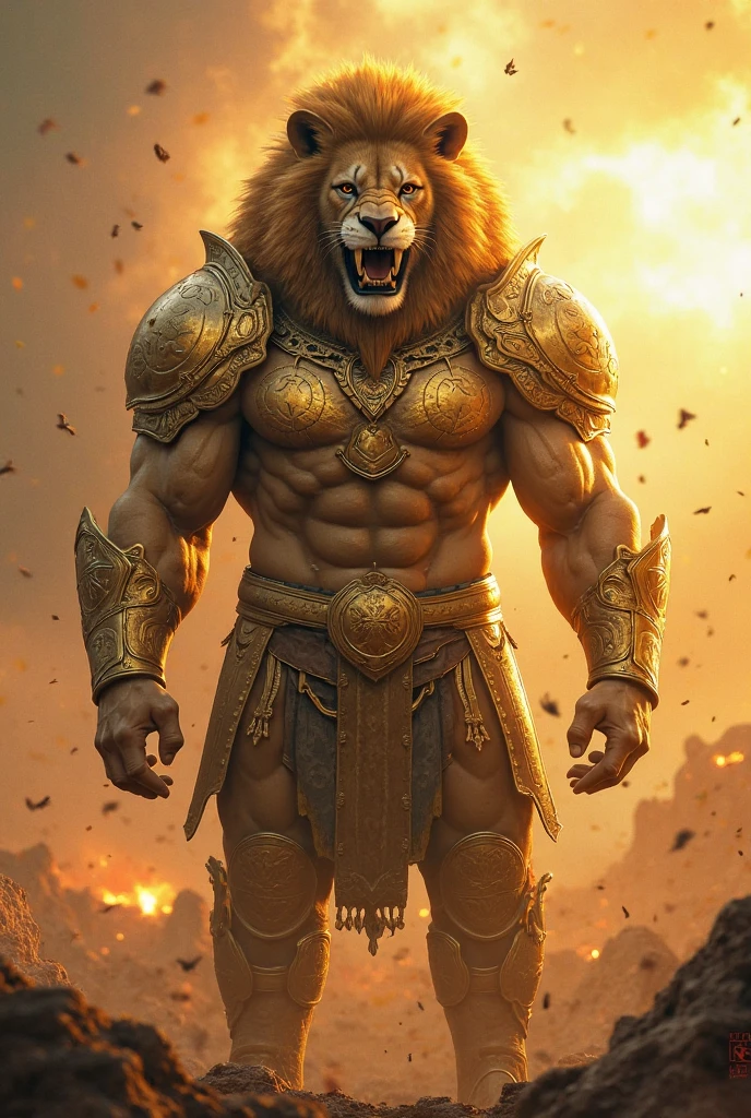 A lion stand sixpack with special' background with heavy clothes
