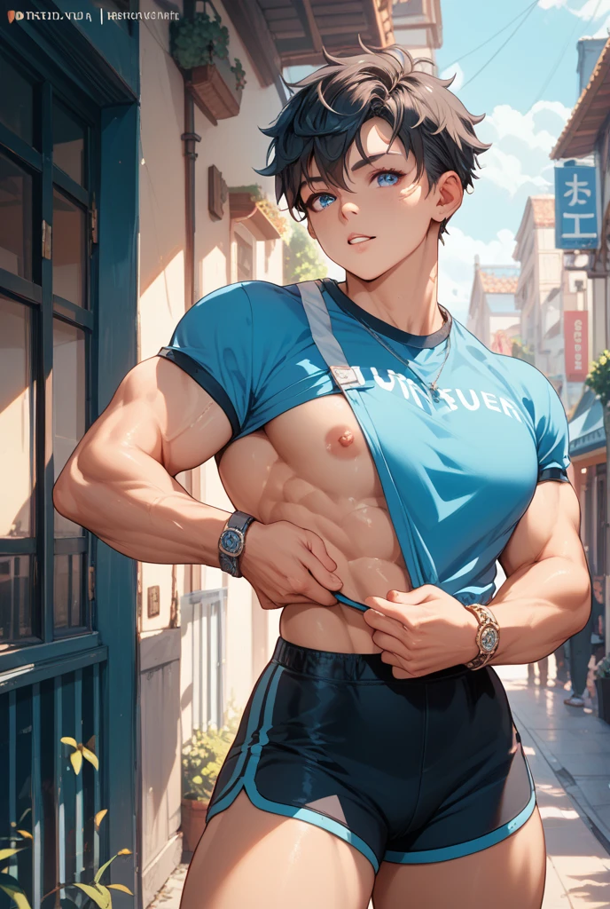 (androgynous), (boyish), chubby, (very short hair), (pudgy face), (thick), overweight, beefy, (cute), (little brat), (naughty brat), (belly button), Chubby body, Sweaty body, (Smelly body), (moobs), (ikemen), (Obese man like female breasts), (naked), (sexly), (nipples),