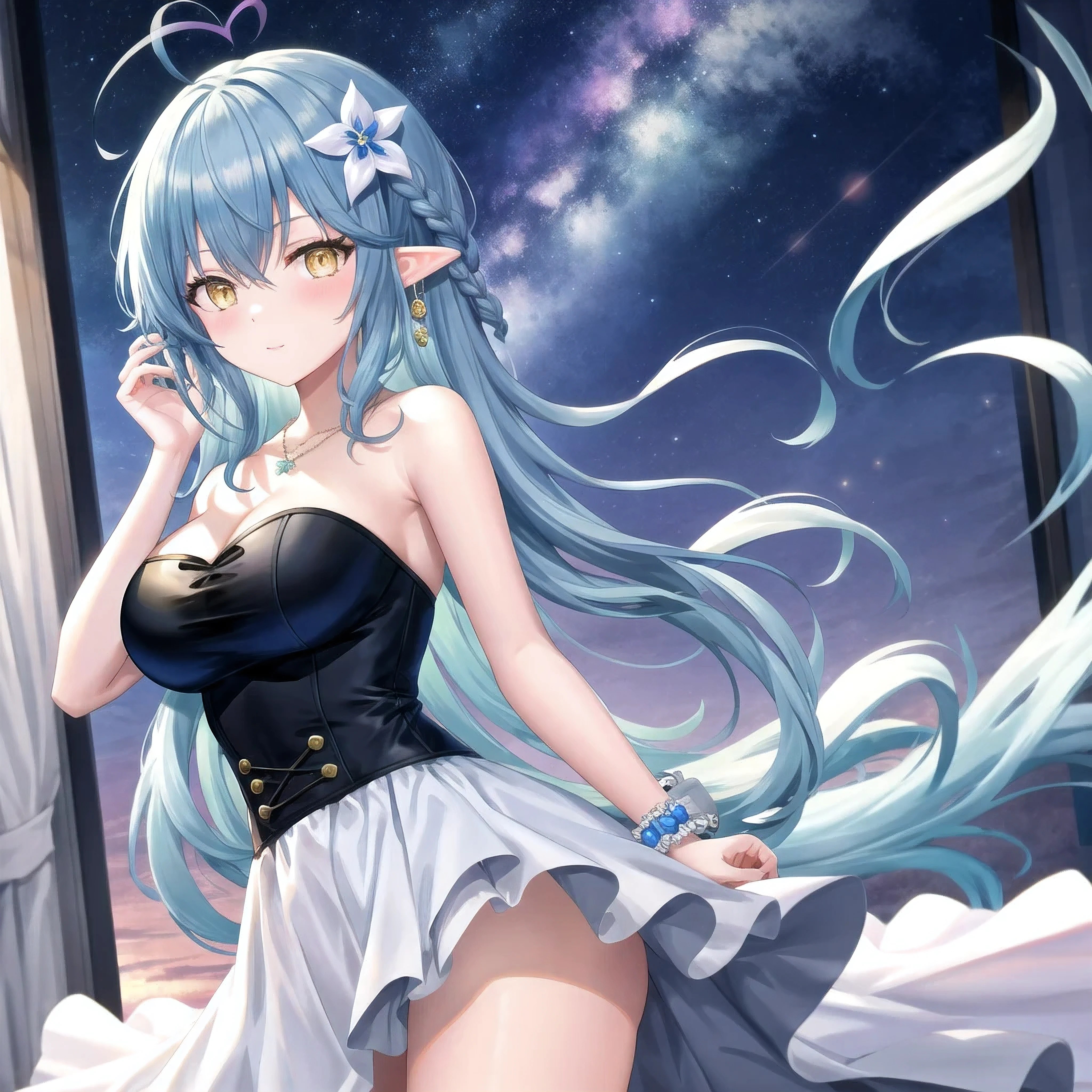 （masterpiece）、(highest quality)、((Super detailed))、(super delicate)、pastel colored hair、beautiful breasts、wet transparent bikini、Sea of night、fantastic starry sky