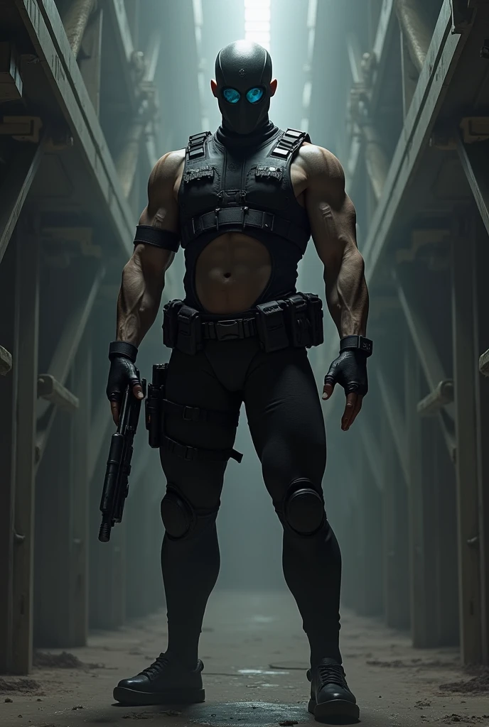   male wearing tight black turtleneck sweater, tight black gloves and tight black balaclava with combat trousers and combat boots standing with his hands up in surrender 