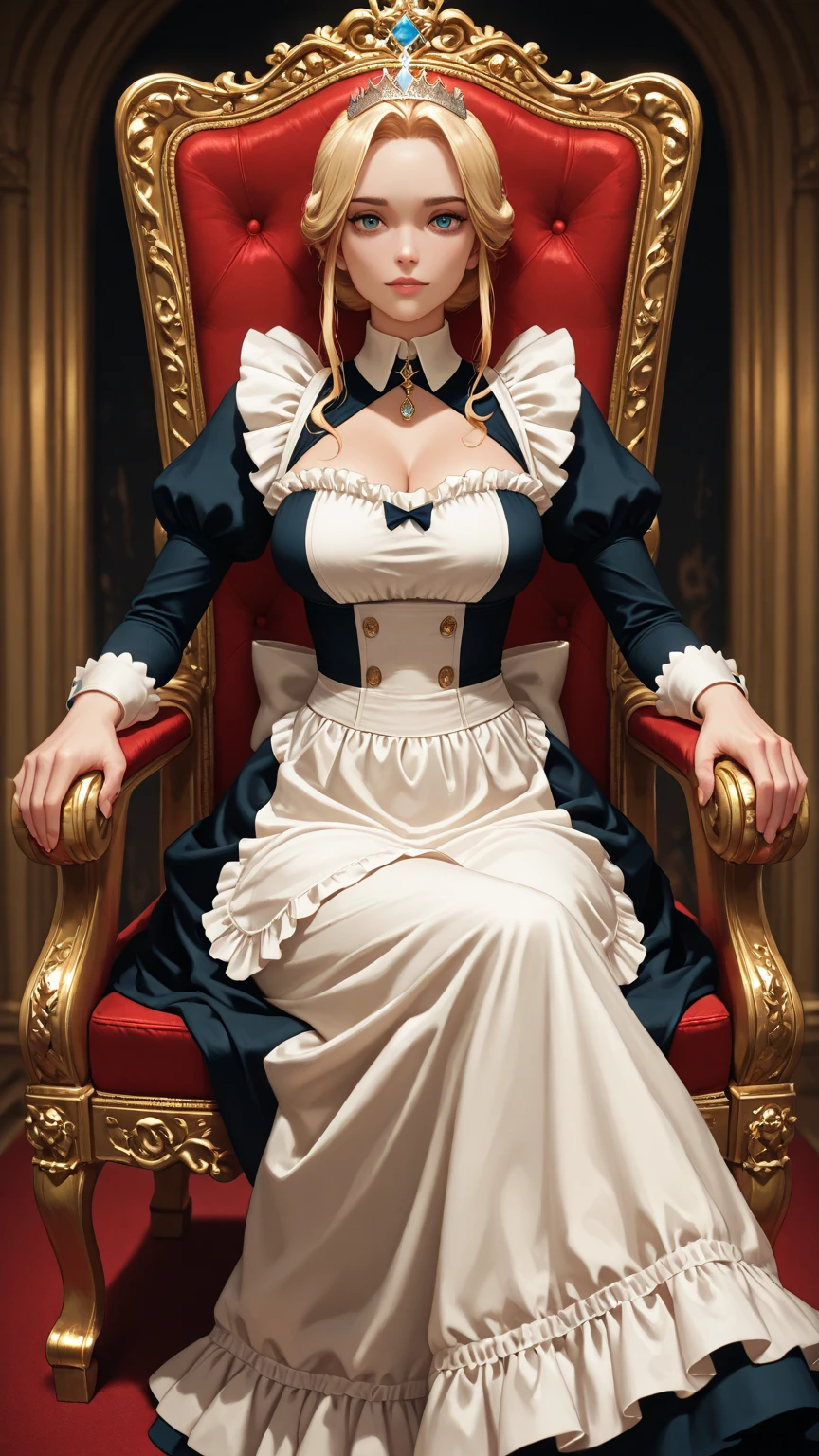  (mastepiece:1.2), detailed fingers, beautiful woman, intricate details, blonde hair, quad drills, crown, Maid Apron, Sitting on the throne, Cross her legs and lean back, Knee-high stockings, her ears are covered by her hair 