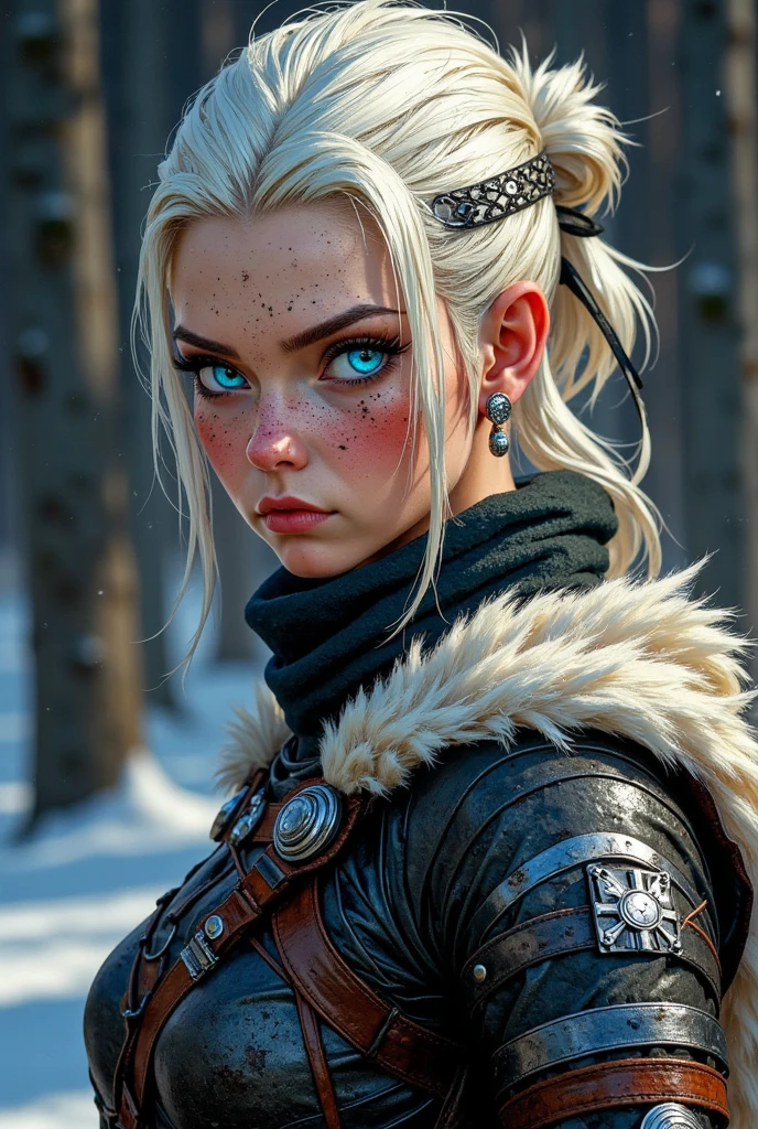 rogue thief girl, worn damaged leather armor, (knitted rogue Neck Gaiter), (smirk), (nose blush), beautiful detailed eyes, (messy hair), drawn by Greg Rutkowski, (Yoji Shinkawa:0.3)