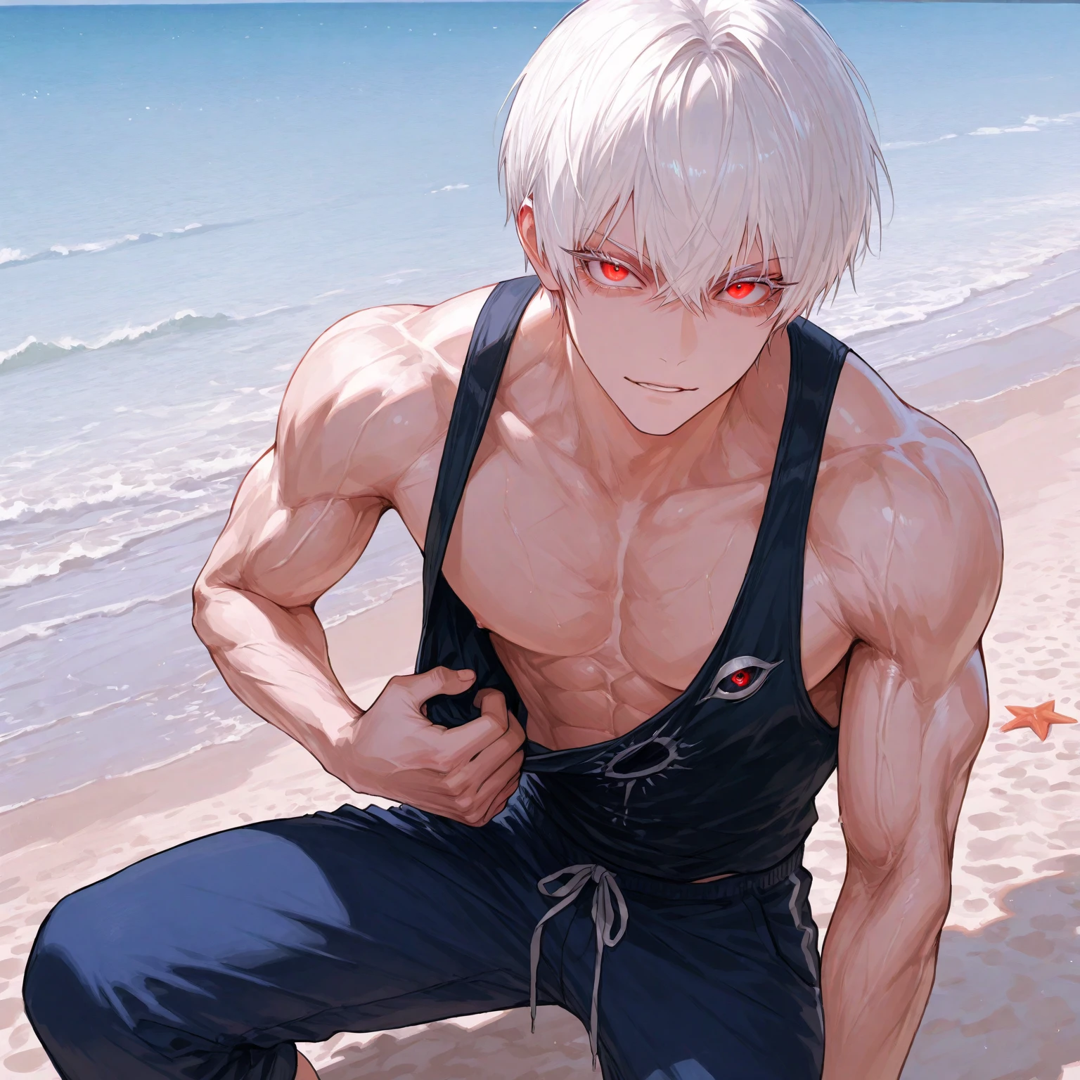 1 male, high resolution 8k, adult, handsome, perfect face detail, detailed eyes and face, clean shaved, sixpack realistic, white eyebrow hair, white eyelashes, dynamic lighting, unreal engine, hd picture, satoru gojo, Jujutsu kaisen, white hair, short hair ,hair between eyes ,blue eyes, white skin