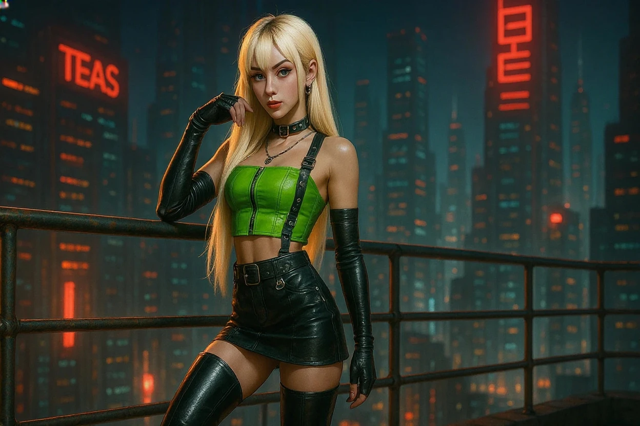 Pretty, Woman, Sexy face, Yellow eyes, White hair, Slim body, sexy smile, Sexy Pose (breast), long legs walking towards camera, Pink tights, mechs, Neon sign, Led Night City, Seen from above, High quality, Realistic, Beautiful light, full detail, Black background