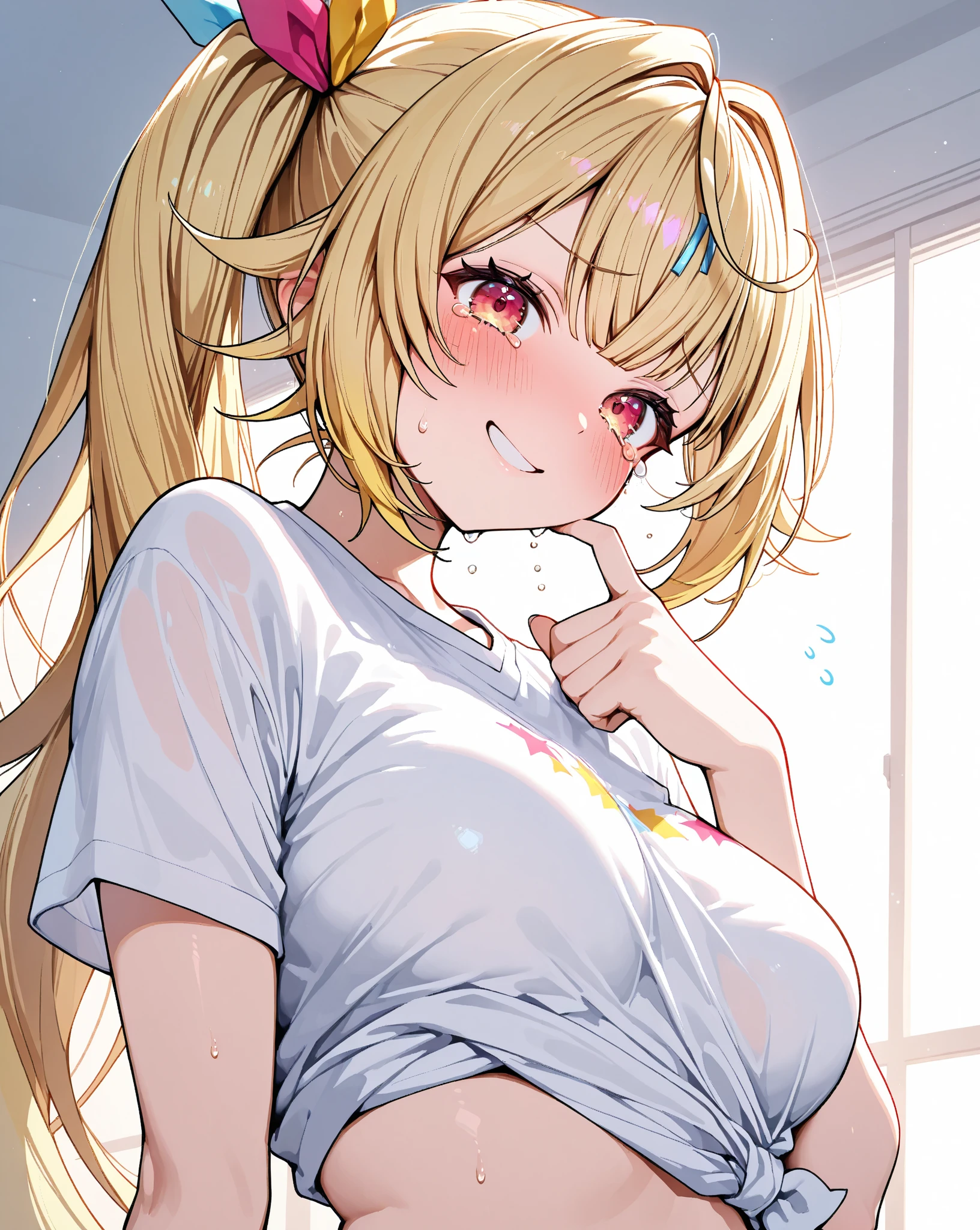 1boy and 1girl, Angle from the front、(((Close-up of mouth to chest:1.4))), (The gap between the camisole and the chest)、(She bends forward so you can see her breasts under her camisole.)、The girl bends forward to show off her breasts、(((evil grin))), ((10 years old girl)), Cute hair clip、Blonde、low length、Small breasts, Camisole、In the corner of the kitchen、((paizuri)), (1penis is in front of breasts), eject cum, cum to breasts、(Mouth is smiling and tongue out)、