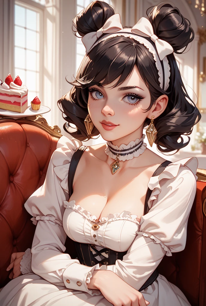 ((Top quality)), ((masterpiece)), (details),
High resolution, super detailed, very detailed CG Unity 8k wallpaper, real, photorealistic,
Beautiful fine face, detailed face.
Pale skin, realistic shining skin.
Detailed fabric texture, detailed hair texture.
(Eyes with attention to beautiful details: 1.5),
(Small hand), ((perfect hand)).
Slim legs, detailed legs.
((Perfect Anatomy)).
Perfect lighting.
Break
A girl,age18,
(Brown Hair :1.3),
Middle Hair, Straight Hair,
((Big smile:1.4)),one eyes closed,
(Slender: 1.1), (most big chest: 1.8),
(Most Big butt: 1.1), 
(Lying Down Fluffy thighs: 1.1),
Break
french maid,
ruffled maid headdress,
garter belt, panties, stockings,
ruffled petticoat,
Break
Full Body Shot,
Seductive pose,
Lift the tray with some sweets with one hand,
At maid caffe,