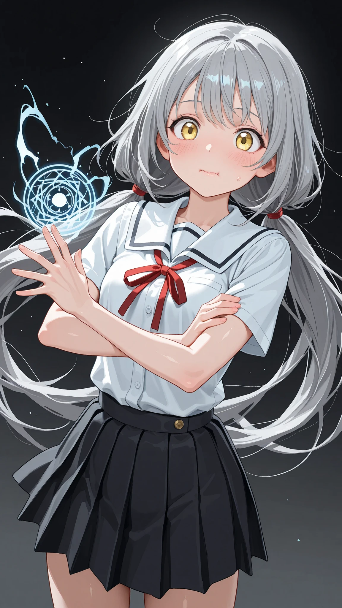 8K (high resolution) (Super Detailed) (masterpiece) (top quality) anime illustration taste detailed eyes detailed face Feminine Detailed Hands Delicate hair detailed wrinkles on clothes fine skin solo early 10s yellow eyes girl's appearance (Grey Hair) Long hair Tie one back hair bungs red ribbon on the side of the head (small tits) flushed cheeks troubled expression Student uniform Magic Rim black skirt (uses magic) vigorously dynamic pose dynamic angle
