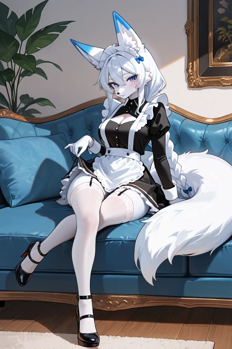 table top High level image quality best image quality 8K adult woman whole body portrait pure white long gloves(elbow gloves) Pure white pantyhose white long dress(slit) white wolf ears short hair((shortcut)(gray hair)(perm)(fluffy)) eye color is blue attractive face((smile)(open your mouth)) sexy pose , crossed legs style in detailed , sitting