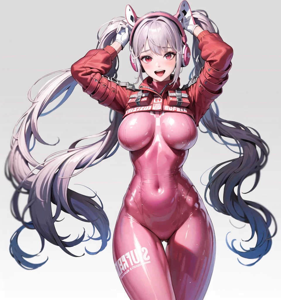 1girl, :d, animal ear headphones, animal ears, hands up, bangs, blush, bodysuit, breasts, rabbit pose, inscription on clothes, closed navel, cowboy shot, cropped jacket, artificial animal ears, gloves, gray background, hairstyles, headphones, impossible bodysuit, impossible clothes, jacket, latex bodysuit, long hair, long sleeves, look at the viewer, medium breasts, multicolored gloves, pink bodysuit, pink eyes, red eyes,  red jacket, shiny clothes, shrug \(clothes\), side strands, simple background, tight leather, smile, solo, hips, twintails, very long hair, white gloves, white hair, Alice \(Nikke\),(masterpiece:1.4),(Best quality:1.4),(shiny skin),realistic,