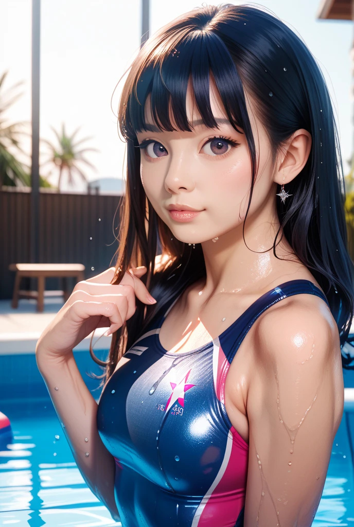 (Close-up, Camera life(suggestive:1.1),(corruption), One, 1 girl, (nsfv:1.2), a high resolution, detailed lighting, Blackout), big breasts, large areolae, bikini, smile, (Naughty face:1.3), 9. intense sex、Cumshots、 heavy breathing:1.2), blush, sweat,shiver, sweat, sweat drop, large areolae, Heart, Teeth on the skin, (High-speed lines), (huge breasts), smileing, (((black bikini, bikini too tight, bikini three sizes too small,)), (throw, leaning forward, blushing:1.1), (top quality: 1.3), (masterpiece: 1.3), (ultra detailed: 1.3), (Wallpaper, one girl: 1.1)、(Detailed hands and fingers:1.2)、(Detailed ultra-oily lustrous skin:1.1)、fat shiny thighs、(Beautiful gray competition swimsuit:1.4)、(Competition swimsuit with blue lines.)、Gray hair on the head、ssmile、(красивая big breasts:1.3)、ponytail、Beautiful sister、sexy pose、Swimming Stadium、Spectator seats