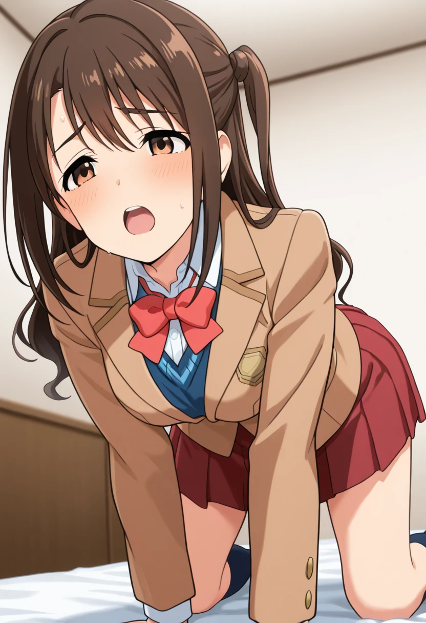 {{{masterpiece}}}, {{{best quality}}}, {{ultra-detailed}}, {illustration}, {{an extremely delicate and beautiful}}, (beautiful detailed eyes:1.6), extremely detailed face, 8k, anime face, nsfw, solo, 1girl, uzuki shimamura(iDOLM@STER Cinderella Girls), cute face, brown eyes, long hair, brown hair, braid, medium breasts, , blazer, brown blazer, white shirt, pink bowtie, red skirt, pleated skirt, plaid skirt, BREAK, NSFW, girl with anime face is fucked by a man, A man and a woman are having intense sex that drives them crazy, ((1man and 1woman, having sex)), (SEX:1.5), (reverse suspended congress:1.3), Carrying Sex, Rear cowgirl position, {{{penis into pussy}}}, stomach bulge, hetero, sex with men, nipples, elongated penis, veiny penis, testicles, sex from behind, open vagina, clitoris, nail, {{{grab thighs}}}, spread legs, {{open vagina, spread pussy, pussy, clitoris glans, urethra, vaginal opening, labia minora, uterus, smooth pussy}}, taking off clothes, open clothes, Open shirt, open jacket, breasts, nipples, lift up skirt, blush, open mouth, embarrassed, naughty expression, raise your legs, M-shaped spread your legs, {{{uncensored}}}, Handsome young man, interracial, netorare, hug behind, male body