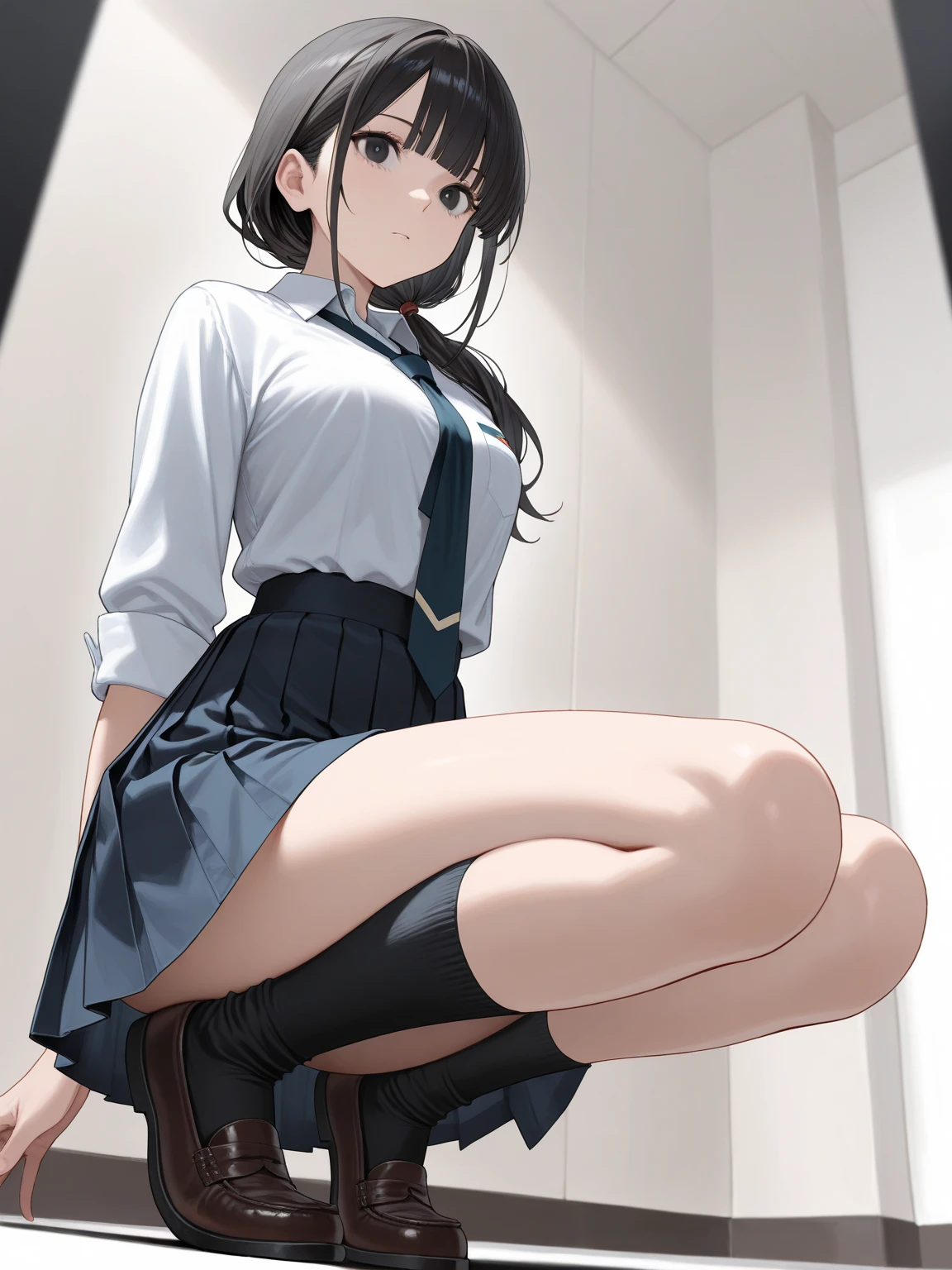 Japan working adults tall Age 25 Black Hair Middle Hair Center part Put hair behind ears White shirt Navy blue pleated skirt Red high heels blush pink lace bra Pink lace panties Photograph the whole body Squat down and show your pants From before
