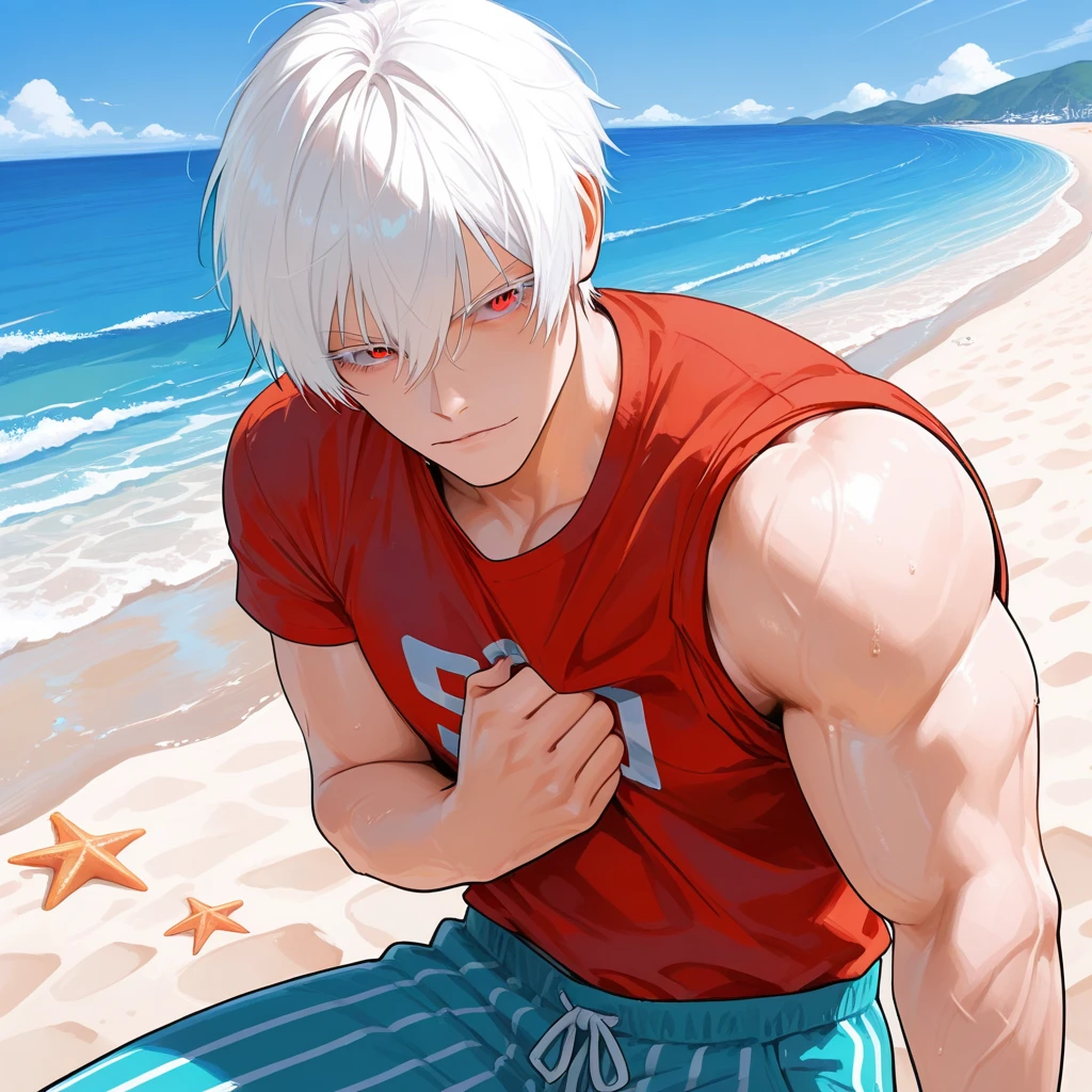 1 male, Japanese male model, high resolution 4k, adult, handsome, perfect face detail, detailed eyes and face, muscular, white eyebrow hair, white eyelashes, Naked torso, Detailed face, perfect face, Real skin texture, detail Perfect hand, details, Real and complete hand details, unreal engine, hd picture, satoru gojo, Jujutsu kaisen, white hair, short hair ,hair between eyes ,blue eyes, white skin, Shirt, water splash, hold the surfboard