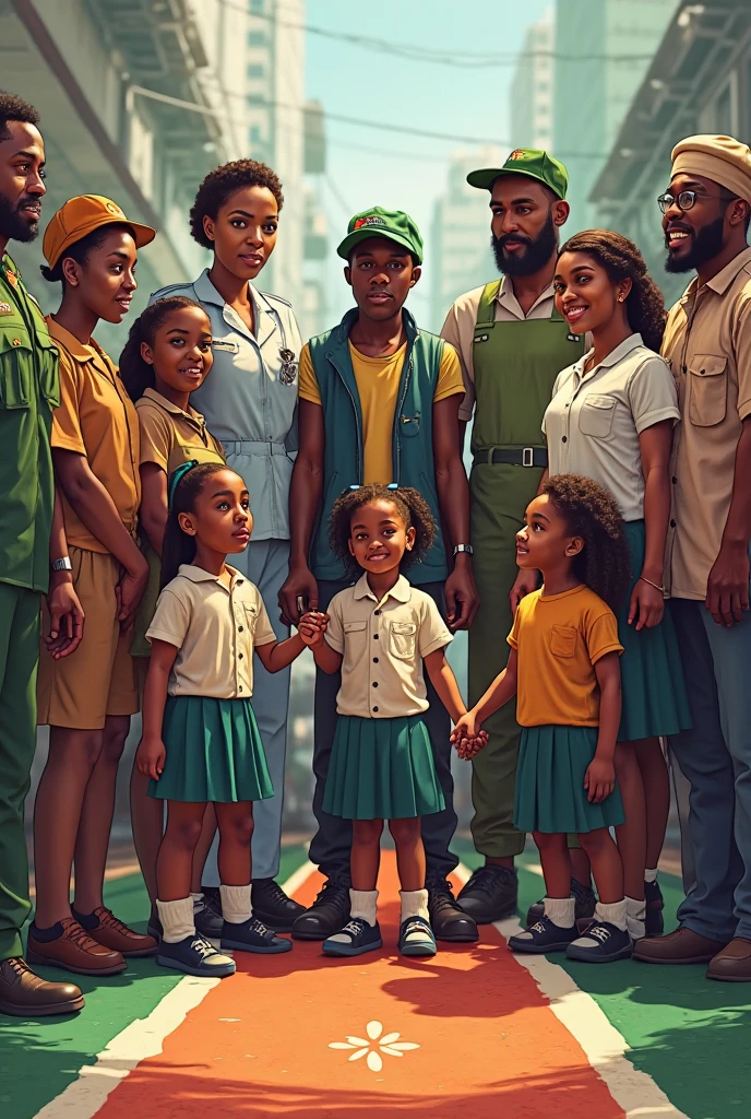 three african american children riding a vintage train to school, looking away from camera, school books, boy in cub scout uniform