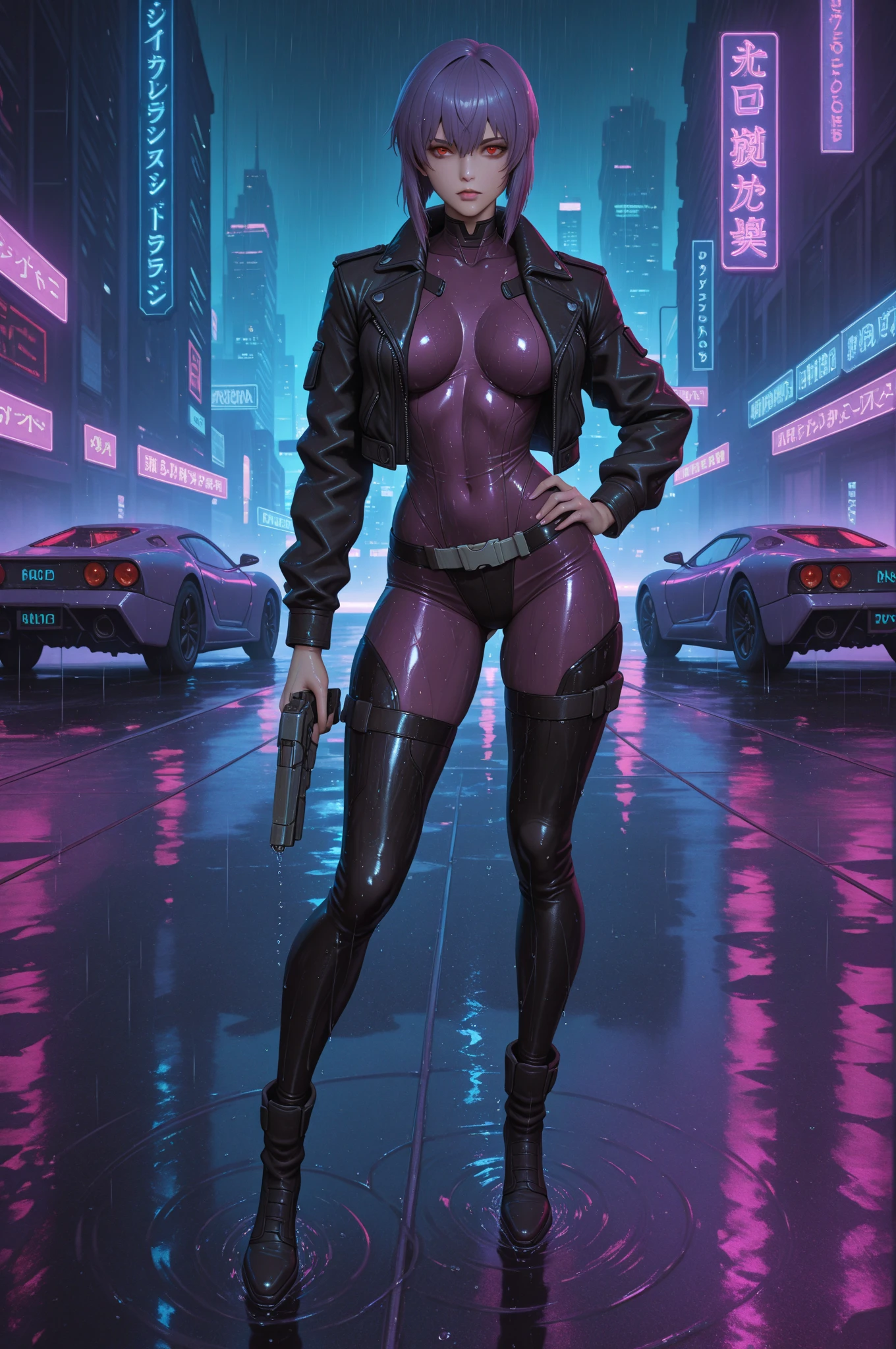 cyberpunk style,30-year-old mature and charming woman,Leather jumpsuit covers the whole body,full breasts,High-heeled leather shoes,Pointing a laser gun at me,open fire,(There are many small pieces of gravel floating in the air around me.:1.5),Beautiful,Glowing special effects,celluloid style,Flat coating,HD,CG art,comics,8K,looking into camera,high quality,illustration,Vaporwave style,rim light,movie lighting,Super detailed,complex,OC renderer,cinematic perspective,high resolution