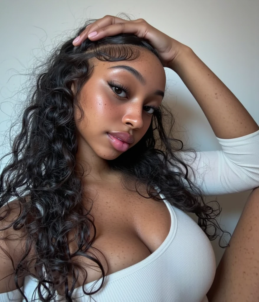 Masterpiece, Best Quality, 1 girl, Alone, beautiful 19 year old mixed african and asian, woman with dark skin and very large breasts, long, frizzy, dark curly hair, Perfect face, long hair
