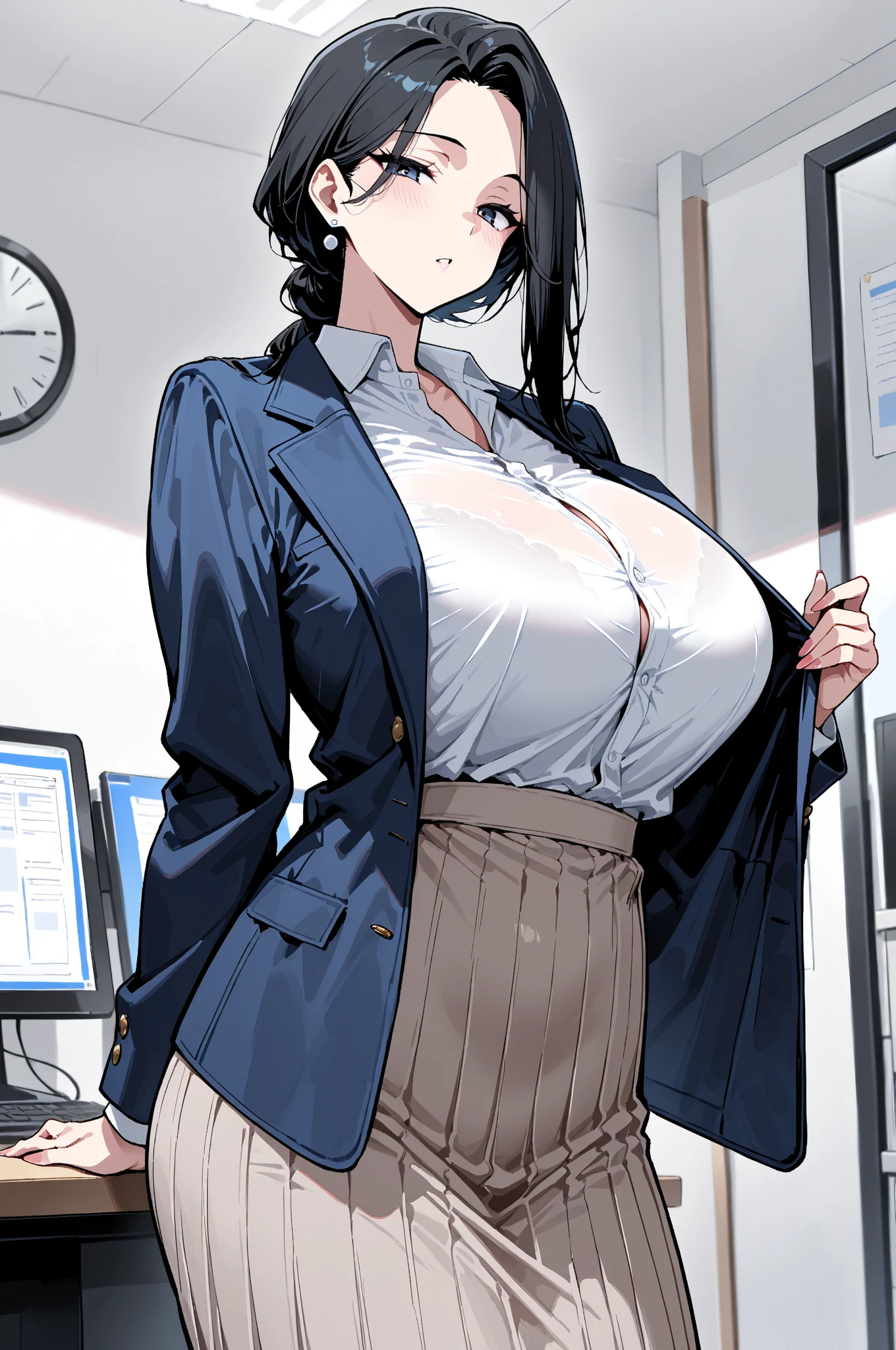 Panty shot、Sit on a chair、Condescending face、Boldly spread your legs、Engage your audience、A woman wearing navy blue office lady clothes&#39;s outfit with a red ribbon is standing on a train as a young man in a suit fondles her breasts over her good., (Capturing the subjective mind,POV hands,Grab your chest:1.3)、Dorsal position, Exact number of hands, with the good on, show off good, skirt,Sit with your legs apart、 good, panties, underwear, (shiny white satin レースpanties with black embroidery:1.3), (shiny white satin lacy good with black embroidery :1.3), panties that cover the butt、garter belt, Knee socks, Embarrassed look, Feels good, skirt lift, Remember, Realistic