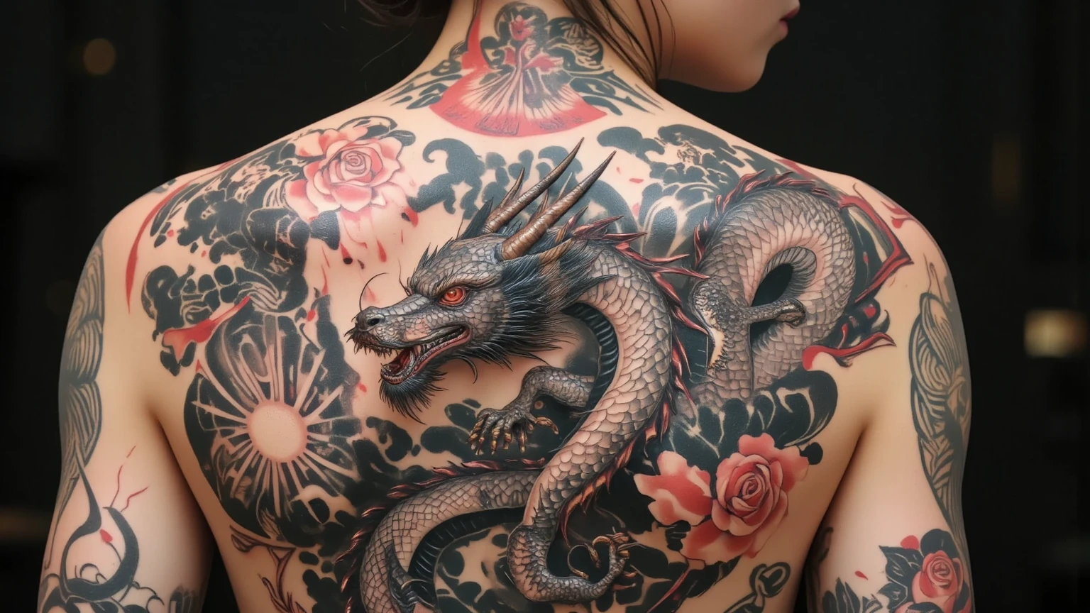 Get a tattoo of a red Japanese dragon with fire and past lives, sun and moon and planet Saturn manga style, with fine details large background and nature on the back of a white woman 
