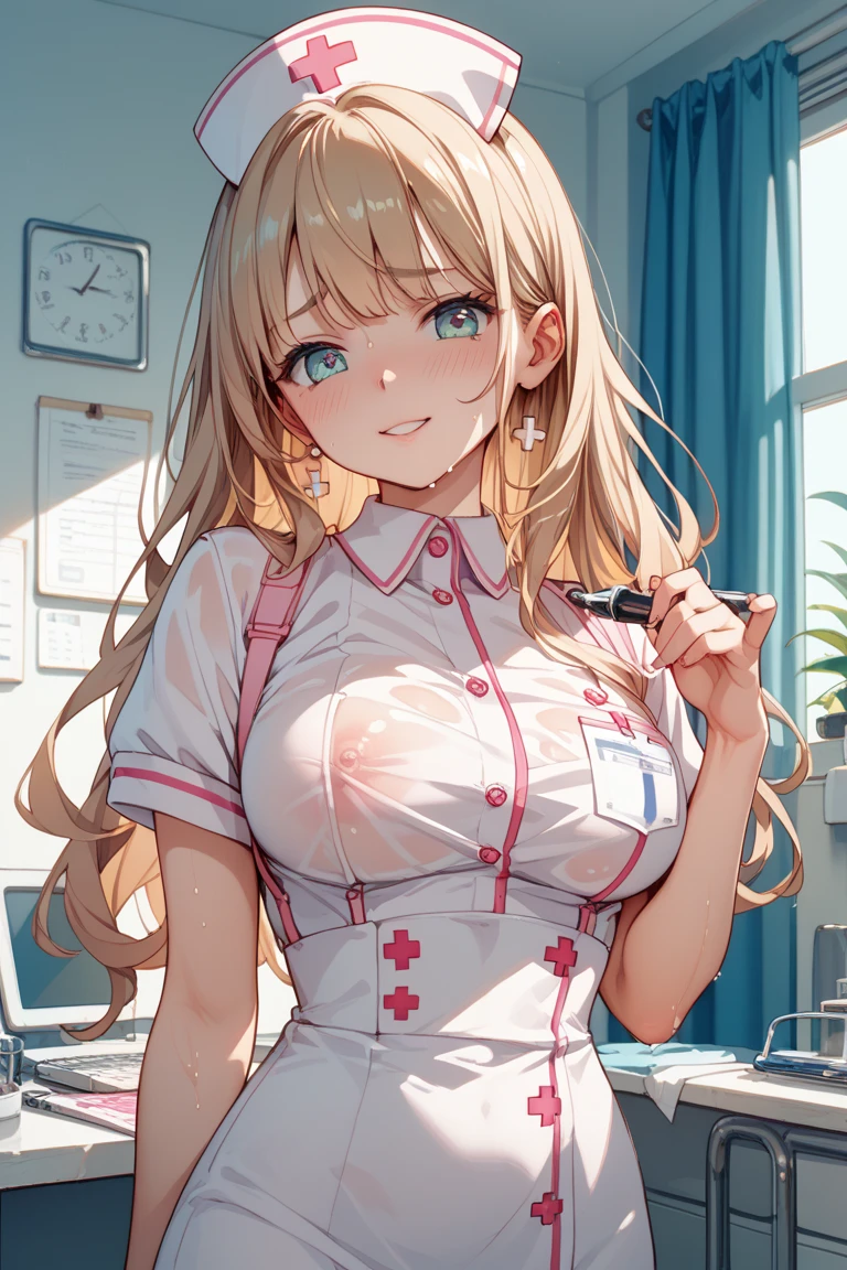Sexy nurse, A curvaceous body, Obscene, Lust, Lustrous smile, Lustのナース, Nurse cap, incite inferiority, Obscene eyes, Lewd smile, Open your mouth, blush, Fatty face:1.2, Beautiful nurse costume, White, Medical records at hand, Beautiful face details, Cowboy Shot, Pure white, Hospital room, Magnificent light effects, Dutch Angle, Focus on subtle facial details, (((Light and shadow with attention to detail, Soft Focus:1.4))), Background Blur, (Highest quality:1.2, Very detailed, Detailed illustration, High Detail, masterpiece:1.2, Best aesthetics), (((1 girl))).