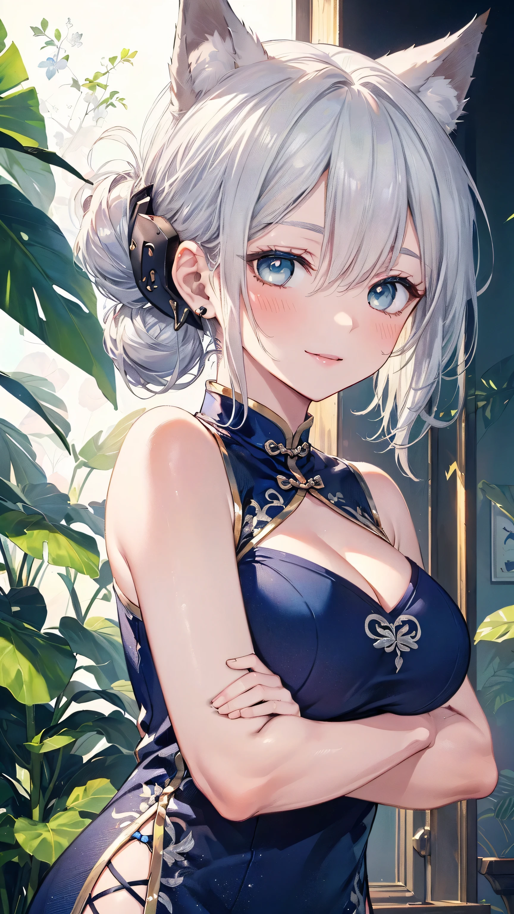 A lady with silvery short hair and blue eyes, Cheeky Smile, Condescending look, Gazing at the viewer, Highly detailed and realistic, masterpiece quality, Very detailed, High resolution, Vibrant colors, Physically Based Rendering, High-definition background, (distance view:1.5), (deep bamboo forest:1.3), wearing a red chinese dress, not sexy, rainy day, long sleeve, queen
