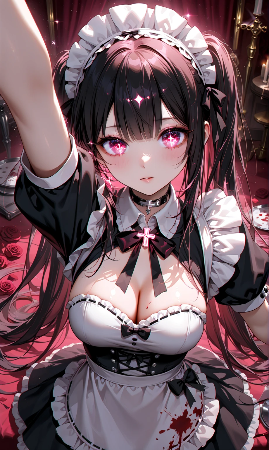 (masterpiece), best quality, expressive eyes, perfect face,(1girl),pink gothic lolita,magical girl,big breasts,cleavage,black hair,long hair,hair ribbon,castle scenery,red moon,(particles:0.9),(glitter:0.9),standing,head tilt, (heterochromia,light blue eye,pink eye),cowboy shot