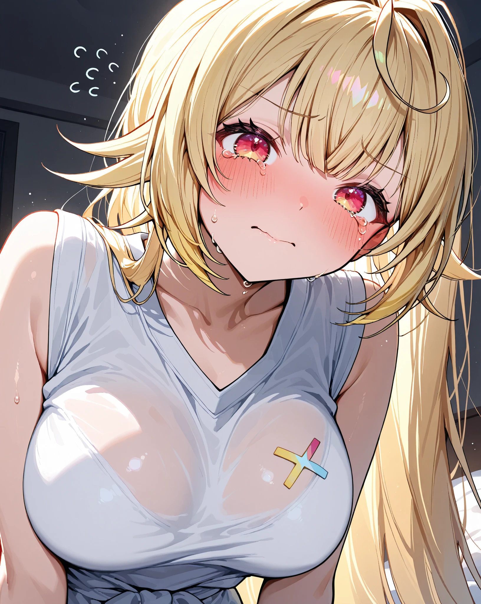 (Highest quality)), ((masterpiece)), (detailed), One Woman,16 year old pretty woman,Very sexy,Baby Face,young woman,Breast size is good,
Beautiful woman,Beautiful Face,Big eyes,Grey Eyes,Beautiful Eyes,Beautiful double eyelids,Beautiful teeth alignment,Beautiful body lines,Slender body,Beautiful Hands,Beautiful feet,Long hands,Long legs,Long and supple hair,Shiny Hair,Blonde Hair,Full Body Shot,Embarrassed expression,blush,Crying face,Mouth half open,From below,Beautiful shoulders,Beautiful clavicle、Looking down on a woman,(Sweat),((Steam 1.4)),Embarrassed expression,blush,humiliation,Sleeveless white shirt,Shoulder out,Beautiful shoulders,Beautiful clavicle,((Big Tits 1.8),(((Valley 1.7))),mini skirt,White panties,(((sow off nipples under white shirt1.5))),grabbing own breasts,No bra,