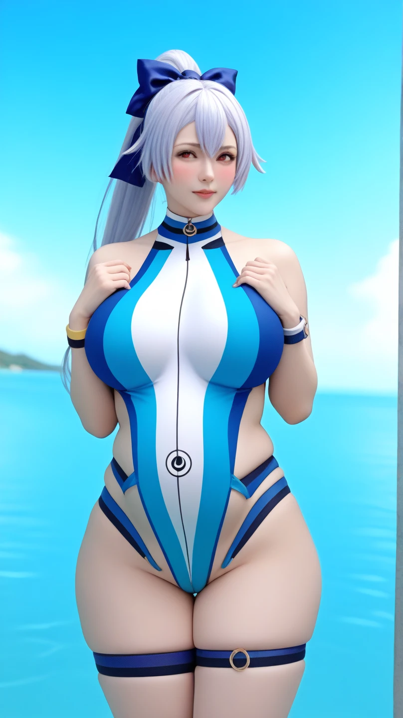 One piece anime, sexy woman, white extremely tight and reavaling one-piece swim wear , white hair with blue highlights, NSFW, devil horns