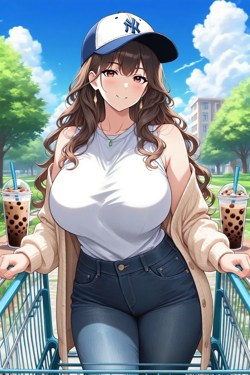 ((highres)), Masterpiece, high quality, best quality, beautiful, perfect lighting, detailed face, ultra cute face, looking at viewer, on a date, ((blush)), affectionate smile, ((1girl)), ((solo)), brown hair, green eyes, jeans, white shirt, tight clothes, fast food restaurant, medium breasts, cleavage, (wide hips), ((thick thighs)), ((chubby)), standing, arms behind back,