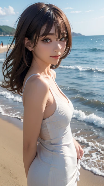 ((Highest quality, 8k, masterpiece :1.3)), (Sharp focus :1.2, Beautiful woman with perfect figure :1.4, Slim Abs :1.2), ((Large Breasts, Accentuate your cleavage:1.3)), (PhotoRealistic:1.4), (Realistic:1.4), (Light brown hair:1.5), Highly detailed face and skin texture, fine grain, double eyelid. Makeup Face, A little bit of lipstick, Sex Appeal, Sexy sculpture pose, (((whole body、Beautiful woman in white swimsuit、smile、Ocean)))