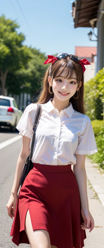 ((SFW: 1.4)), (girl)), Ultra-high resolution, (Realistic: 1.4), RAW Photos, Highest quality, (PhotoRealistic Stick), concentrated, Soft Light, ((15 years old)), ((Japanese)), (( (Young Face))), (surface), (Written boundary depth), masterpiece, (Realistic), woman, bangs, ((1 girl))、(((Model-like style、Thighs、shin、Full body portrait)))、Handbagr.々Fashion、Summer clother.々A pose))))、(((Find someone you like and smile)))、(((The background is American tourist destinations)))