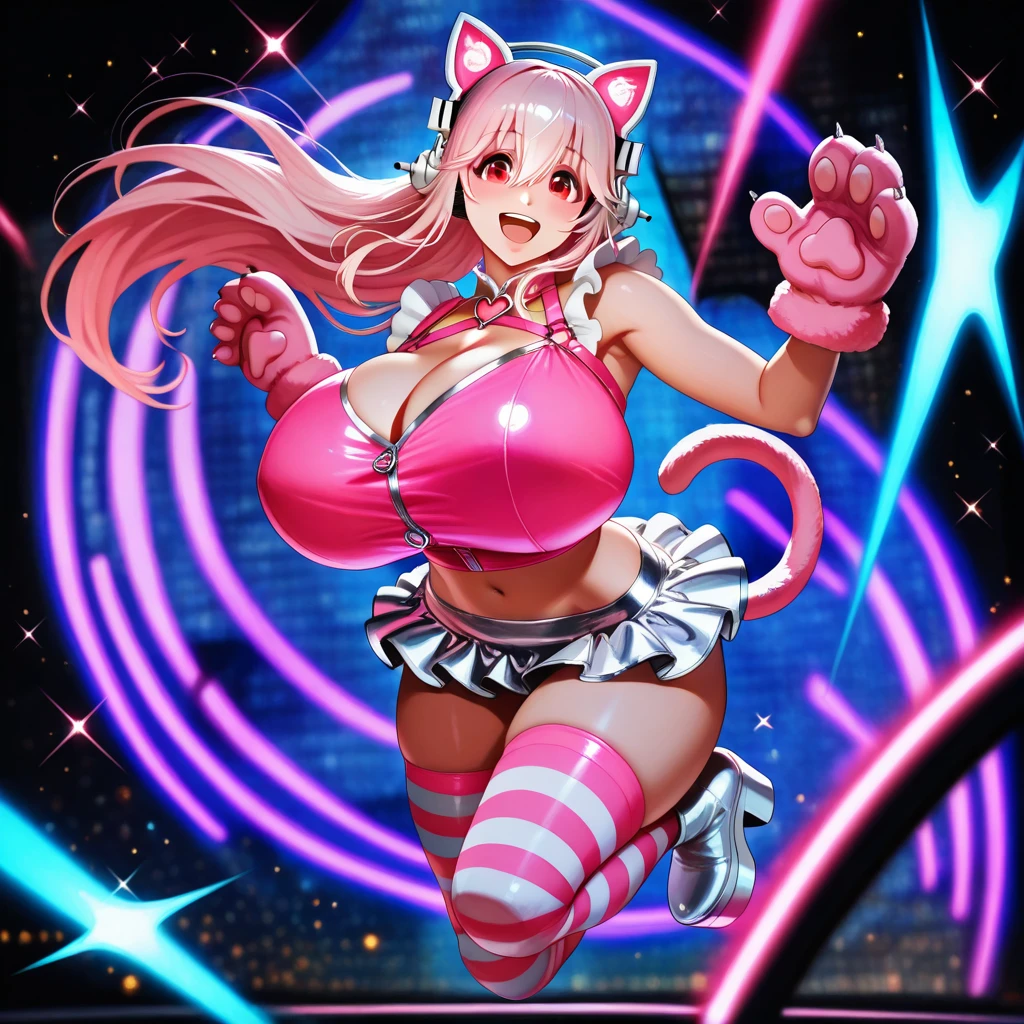 sonic the hedgehog (series),(bimbo amy rose),breasts, 1girl, pink_hair, green_eyes, bimbo, slutty, milf, large_breasts, breasts_outside, white_background, smile, solo, open_mouth, looking_at_viewer, simple_background, animal_ears, heart, short_hair, thighhighs, areolae, fangs, blush, skirt, paws, puffy_nippels, fang, teeth, boots, furry, gloves, hedgehog_ears, shorts, tongue, standing, big_breasts, thighs, long_sleeves, shiny_skin, no_bra, bouncing_breasts, hands_up, cowboy_shot, bimbo style,