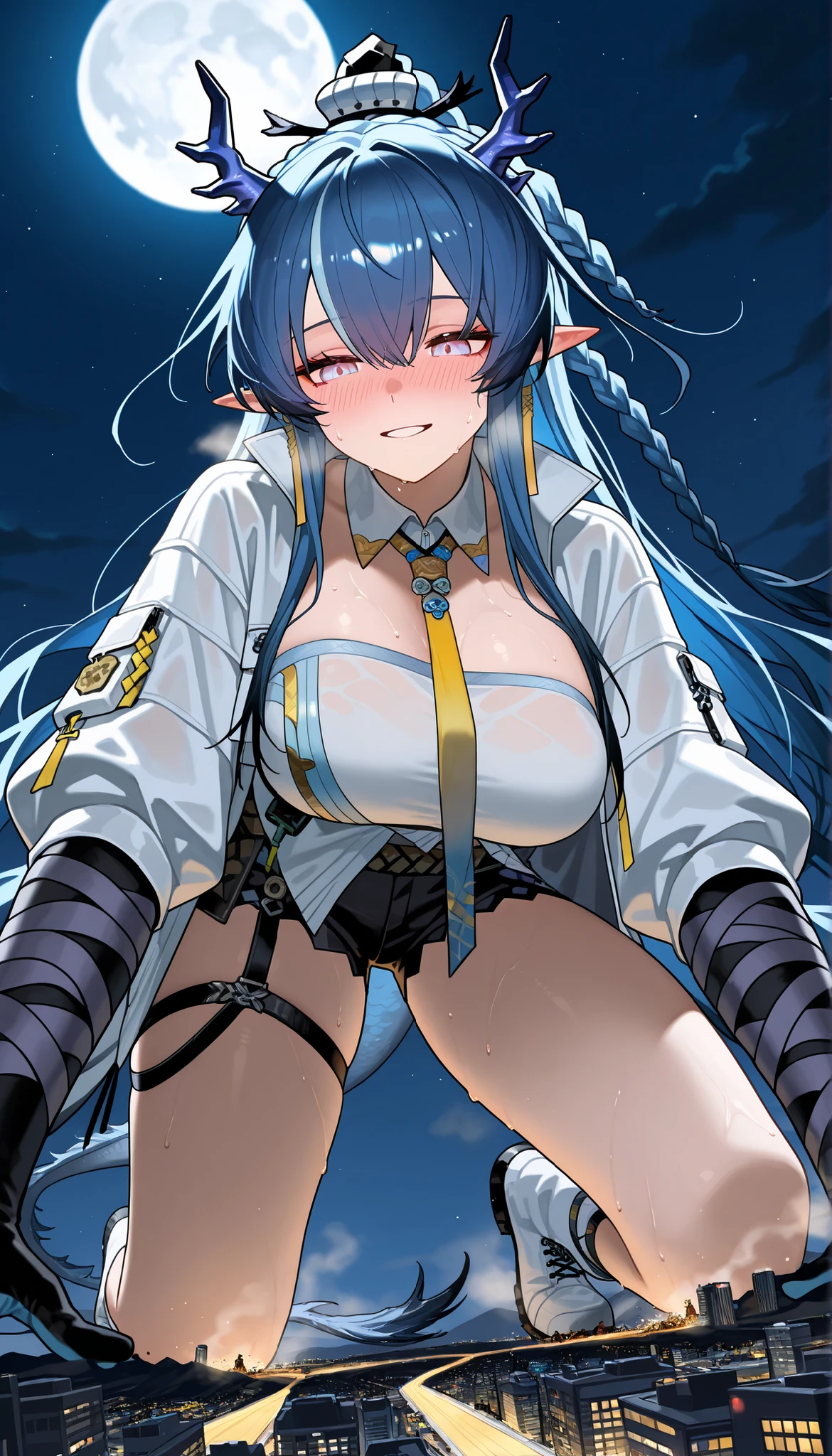 One girl (Demon Slayer uniform、)mini skirt, alone, hair ornaments, arms, sword, Silver Hair, Multicolored Hair, Red eyes, Gray Hair, kimono, Gradient Hair, Haori, belt, knife, Long Hair、(Large Breasts、Big Breasts、Soft thighs、Big Boobs)(、I can see your boobs)(long hair to the waist)